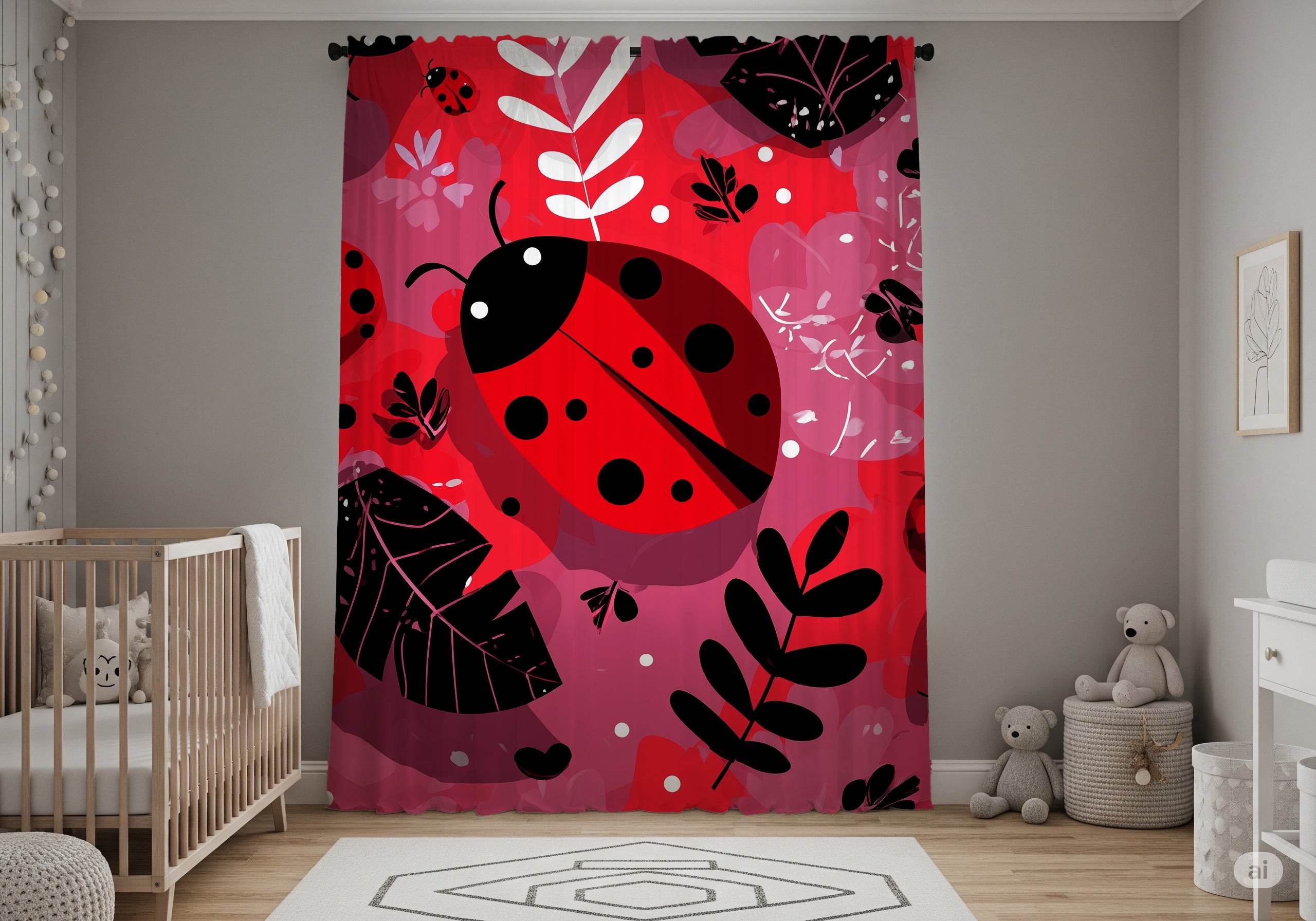 Colorful Ladybug Window Curtain, Botanical Decor, Kids Room, Home Decor, Spring/Summer Vibes, Room Decoration - Home Decor -