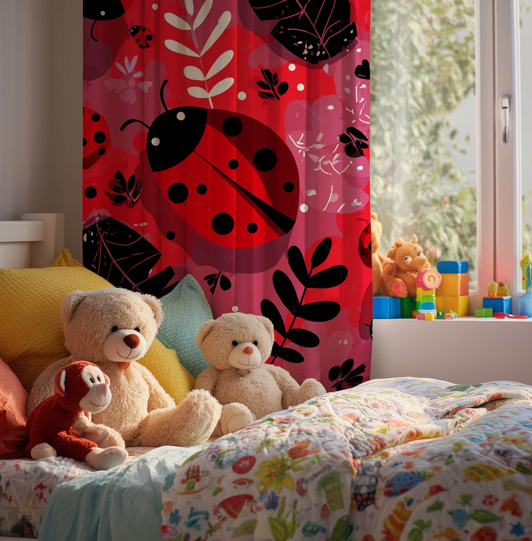 Colorful Ladybug Window Curtain, Botanical Decor, Kids Room, Home Decor, Spring/Summer Vibes, Room Decoration - Home Decor -