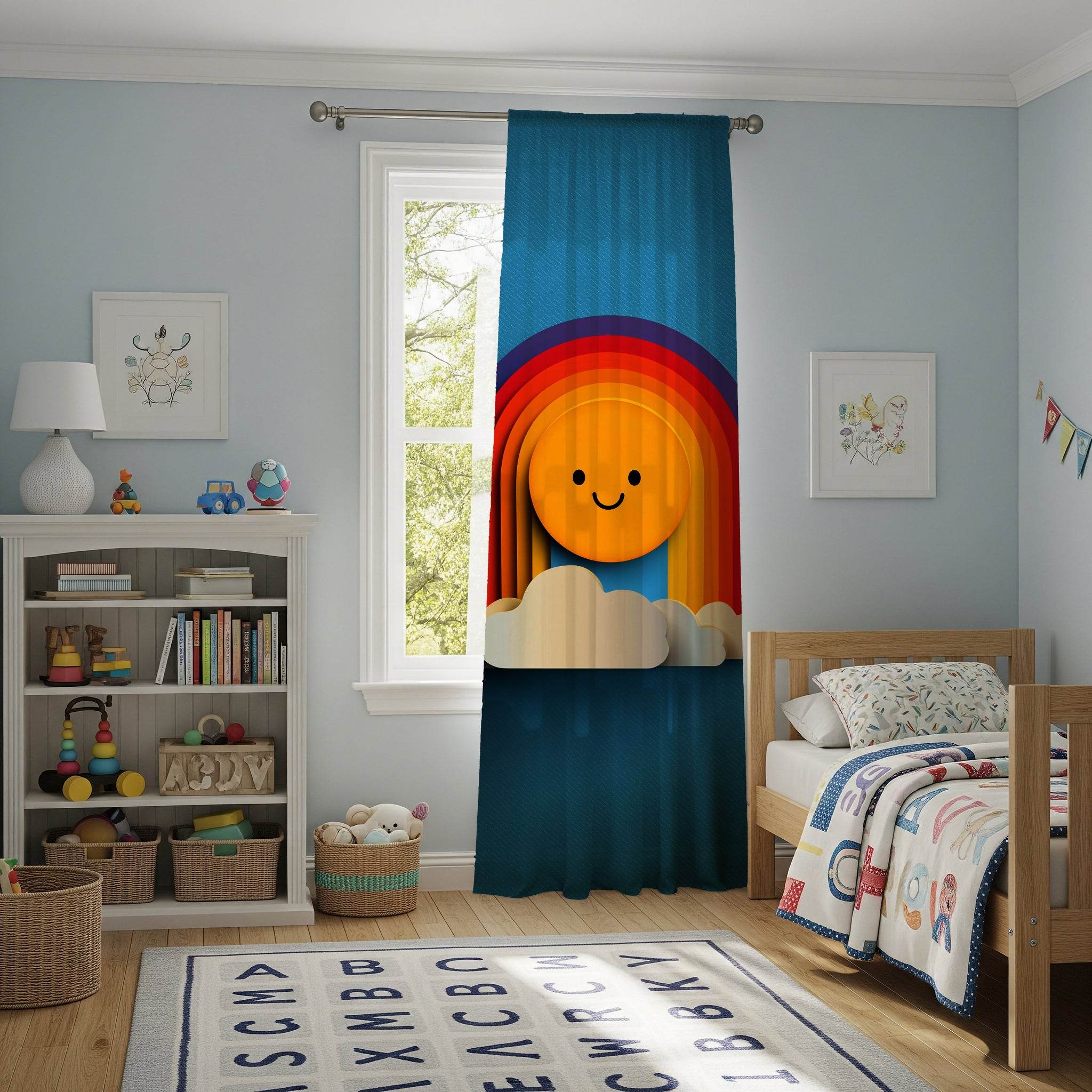 Cheerful Rainbow Curtain, Colorful Window Treatment, Kids Room Decor, Happy Home Decor, Playful Nursery Curtains, Sun and Cloud Design - Home Decor -