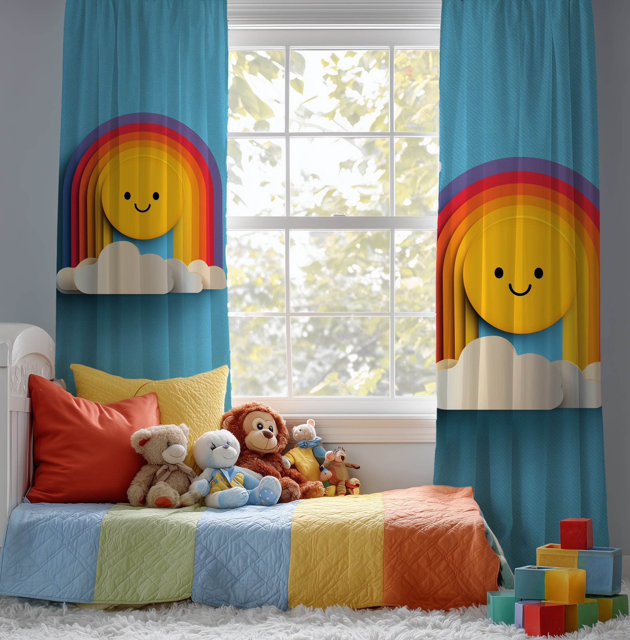 Cheerful Rainbow Curtain, Colorful Window Treatment, Kids Room Decor, Happy Home Decor, Playful Nursery Curtains, Sun and Cloud Design - Home Decor -
