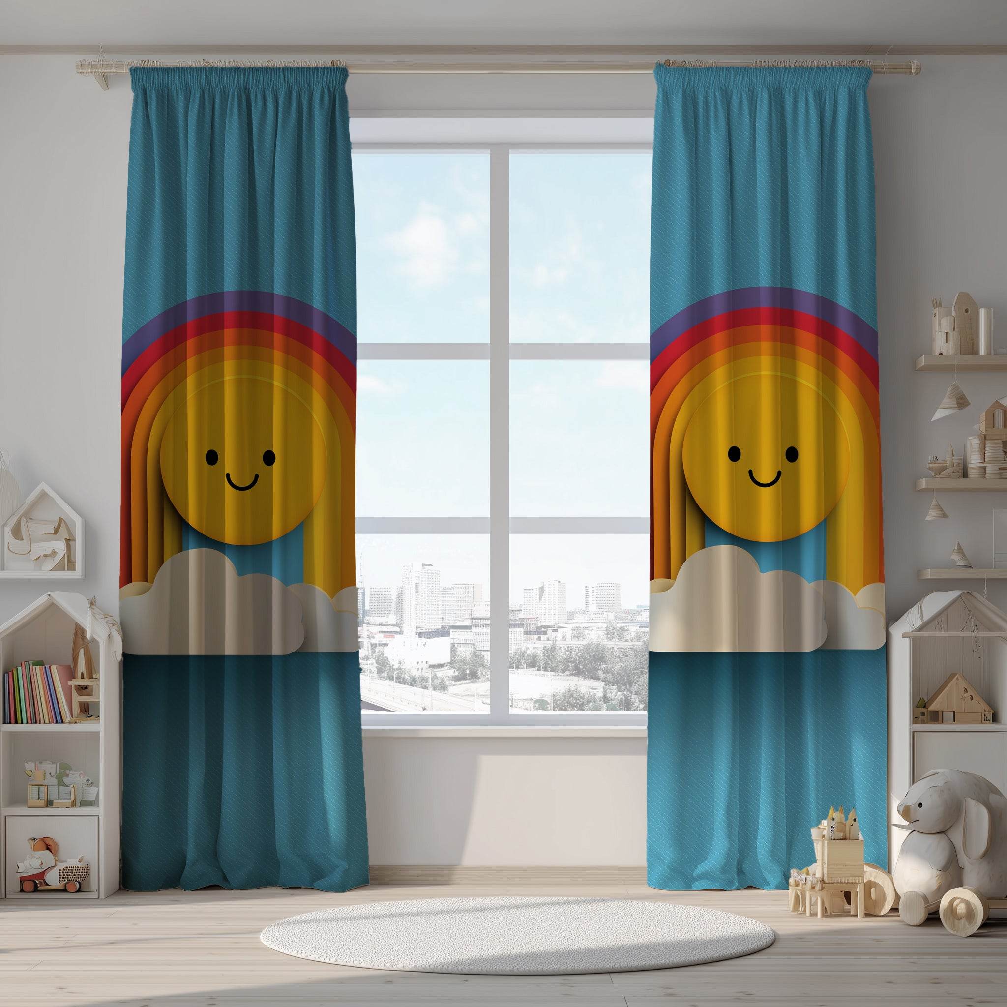 Cheerful Rainbow Curtain, Colorful Window Treatment, Kids Room Decor, Happy Home Decor, Playful Nursery Curtains, Sun and Cloud Design - Home Decor -