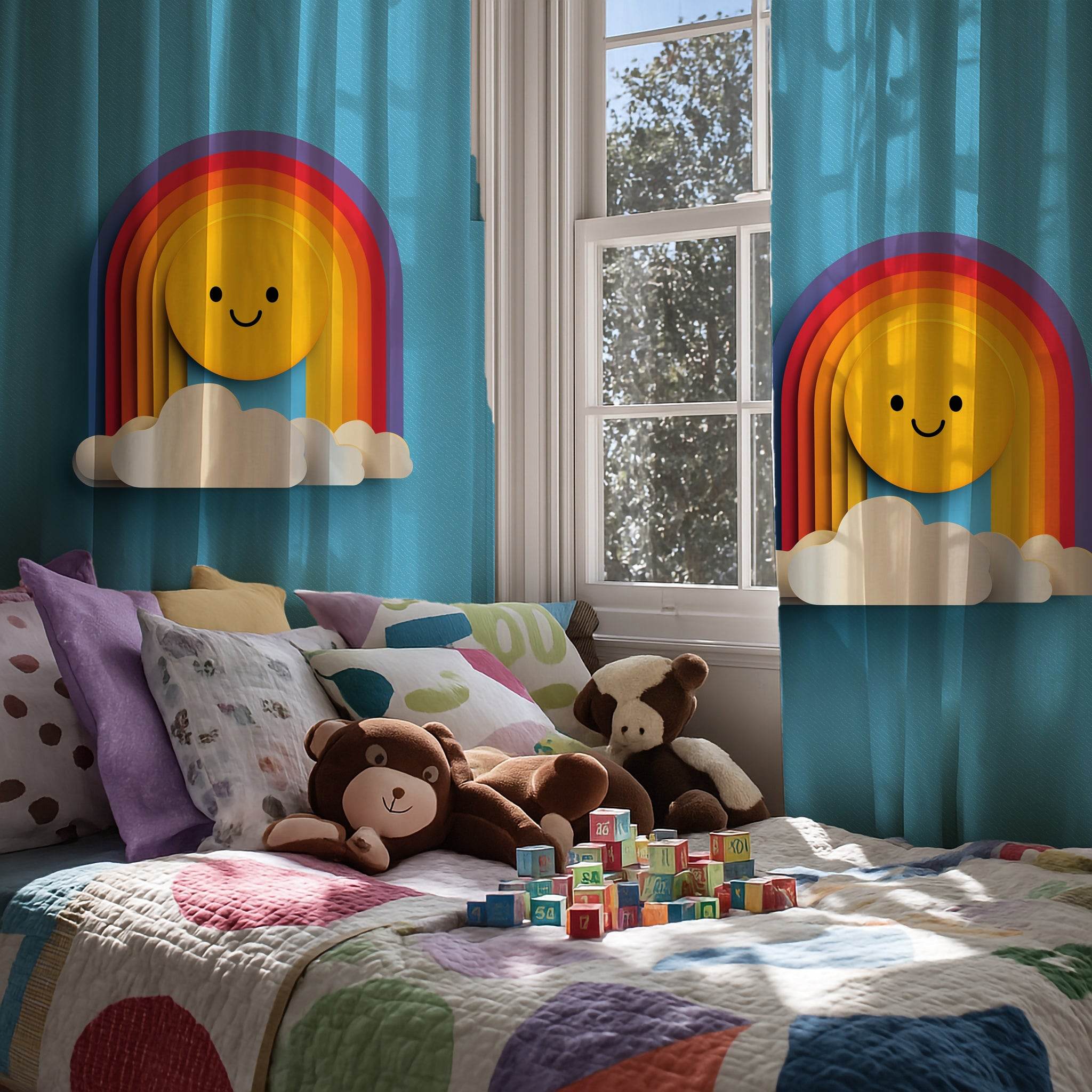 Cheerful Rainbow Curtain, Colorful Window Treatment, Kids Room Decor, Happy Home Decor, Playful Nursery Curtains, Sun and Cloud Design - Home Decor -