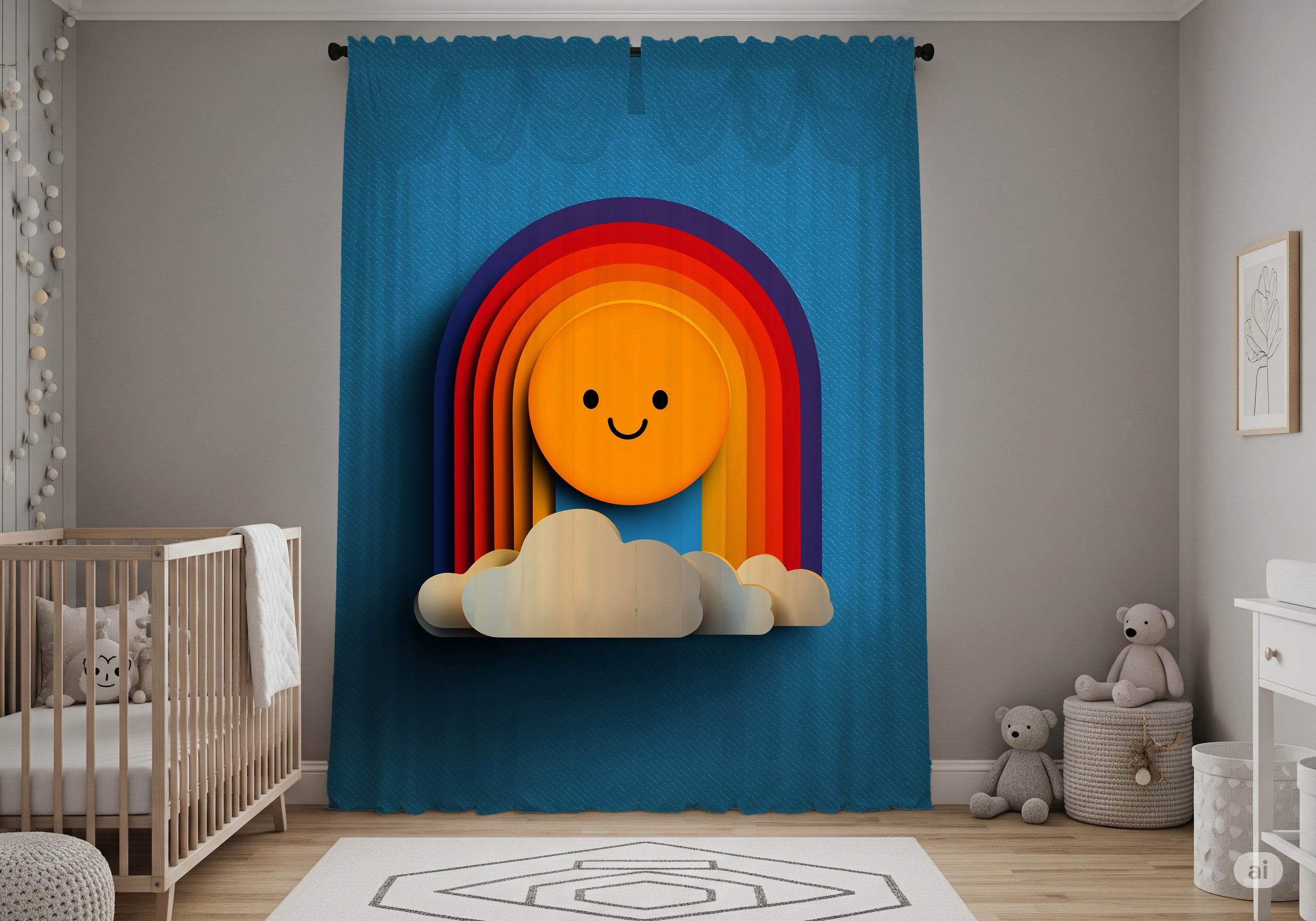 Cheerful Rainbow Curtain, Colorful Window Treatment, Kids Room Decor, Happy Home Decor, Playful Nursery Curtains, Sun and Cloud Design - Home Decor -