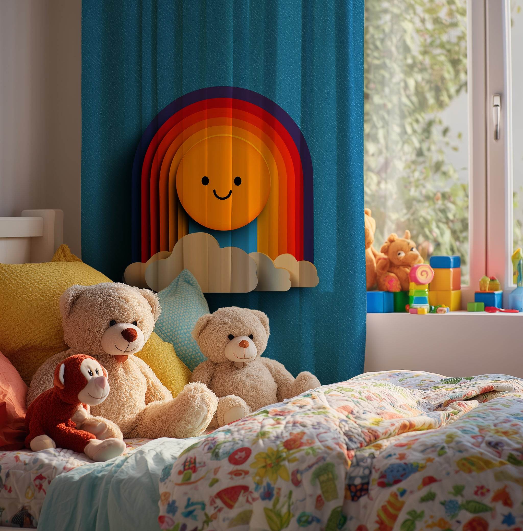 Cheerful Rainbow Curtain, Colorful Window Treatment, Kids Room Decor, Happy Home Decor, Playful Nursery Curtains, Sun and Cloud Design - Home Decor -