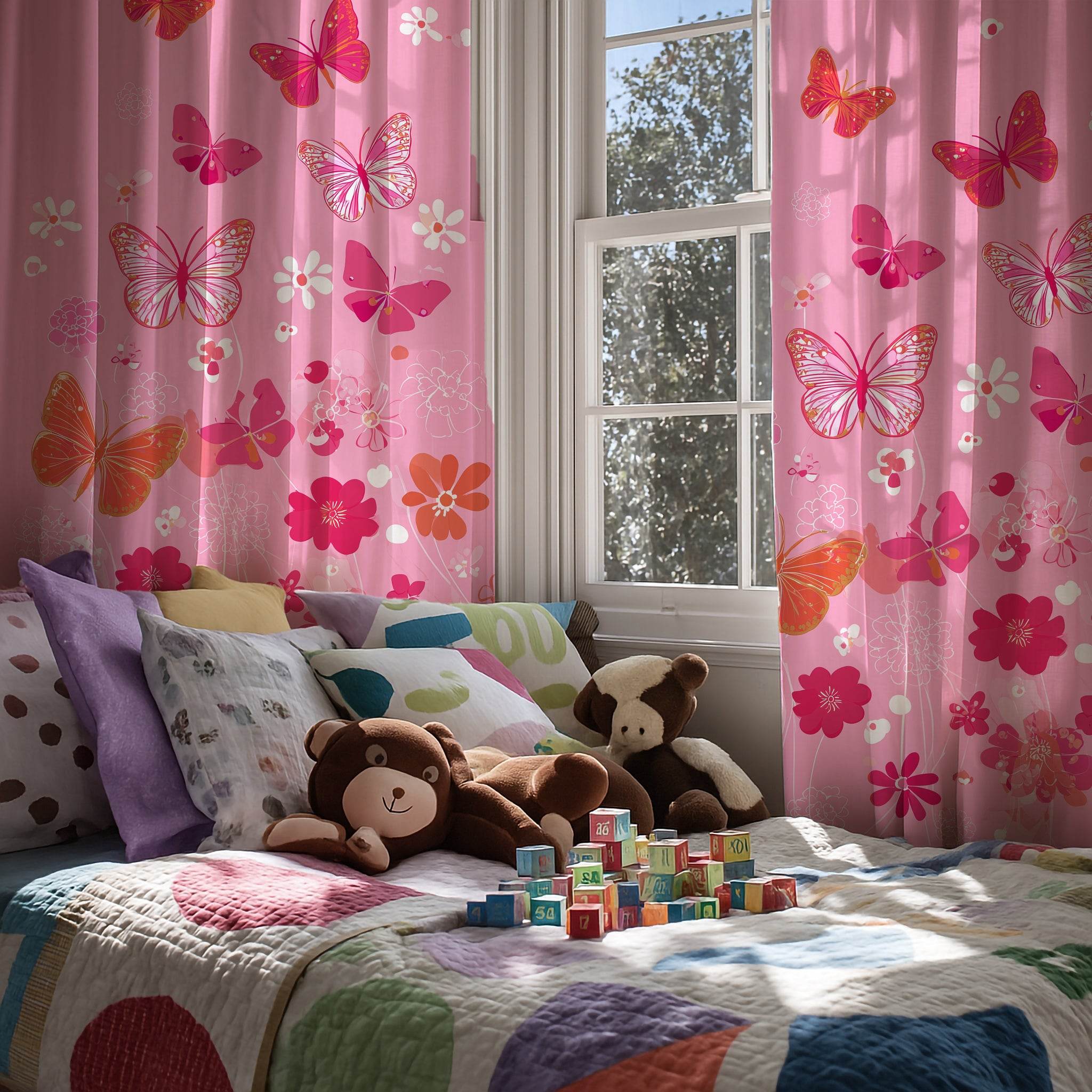 Whimsical Butterfly Window Curtain | Kids Room Decor, Pink Drapes, Floral Home Accent, Spring Decor, Butterfly Pattern - Home Decor -