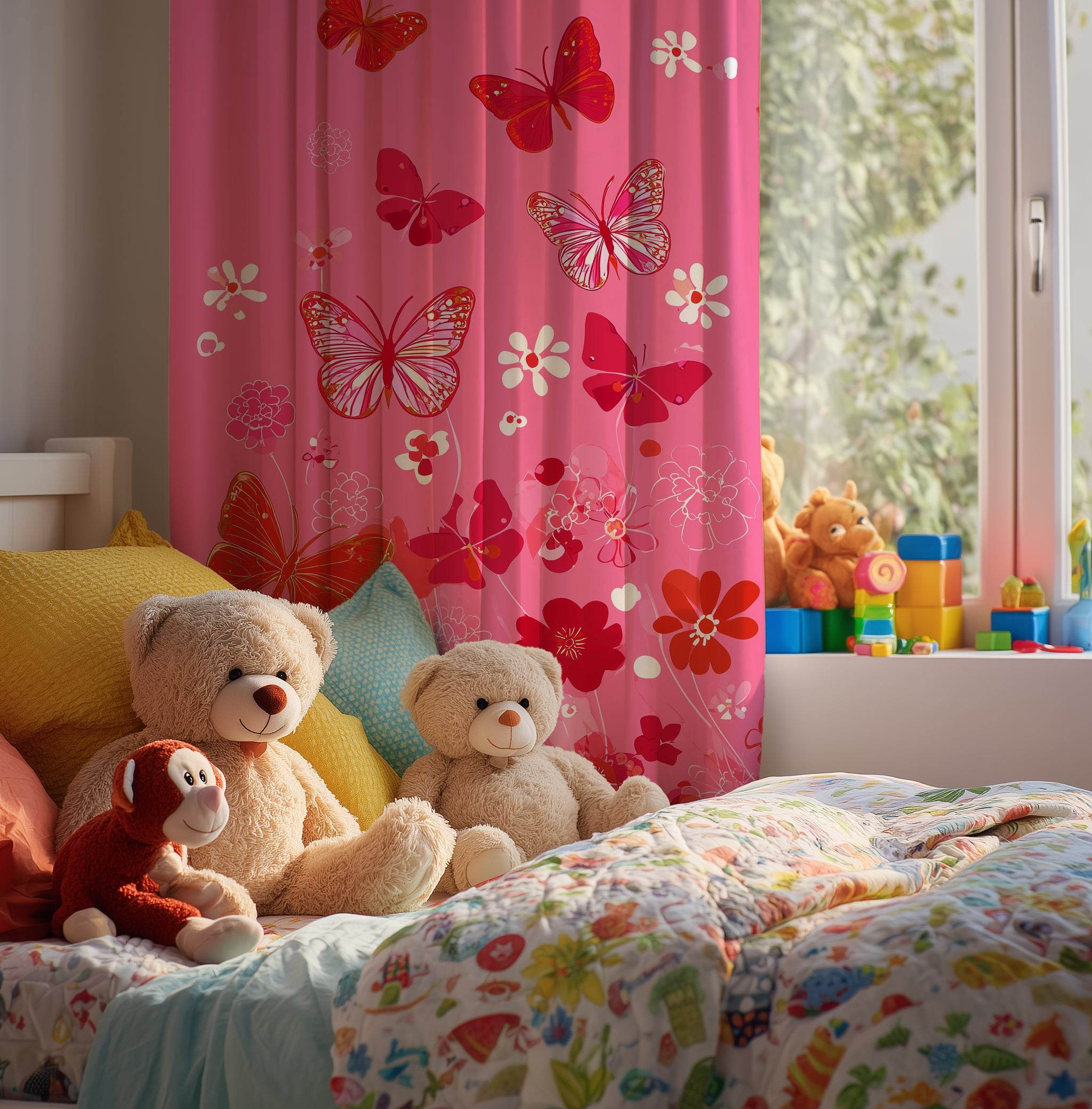 Whimsical Butterfly Window Curtain | Kids Room Decor, Pink Drapes, Floral Home Accent, Spring Decor, Butterfly Pattern - Home Decor -