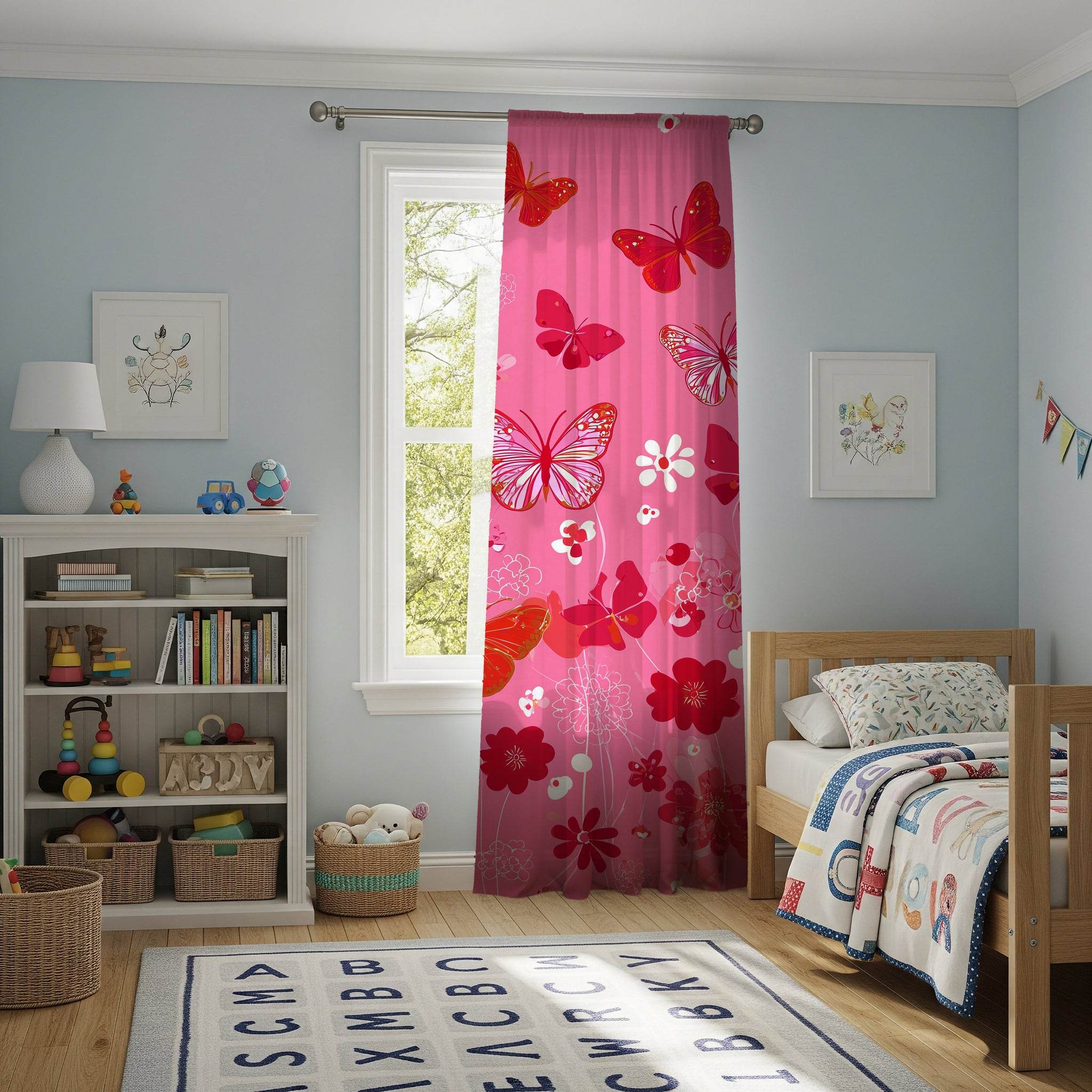 Whimsical Butterfly Window Curtain | Kids Room Decor, Pink Drapes, Floral Home Accent, Spring Decor, Butterfly Pattern - Home Decor -