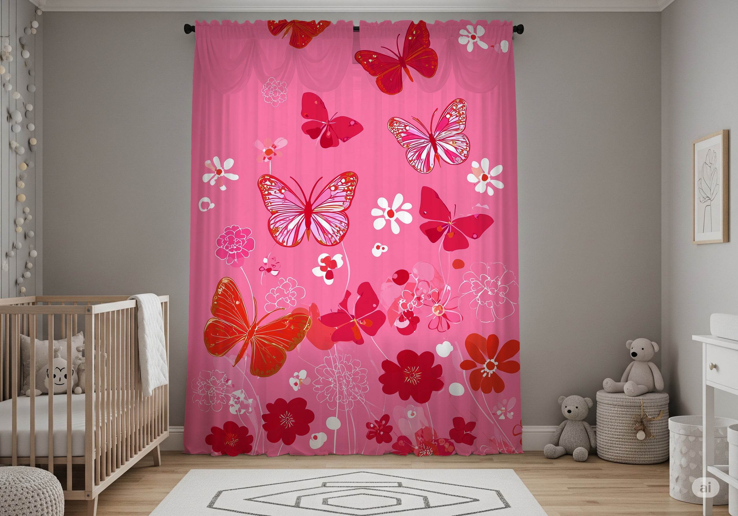 Whimsical Butterfly Window Curtain | Kids Room Decor, Pink Drapes, Floral Home Accent, Spring Decor, Butterfly Pattern - Home Decor -