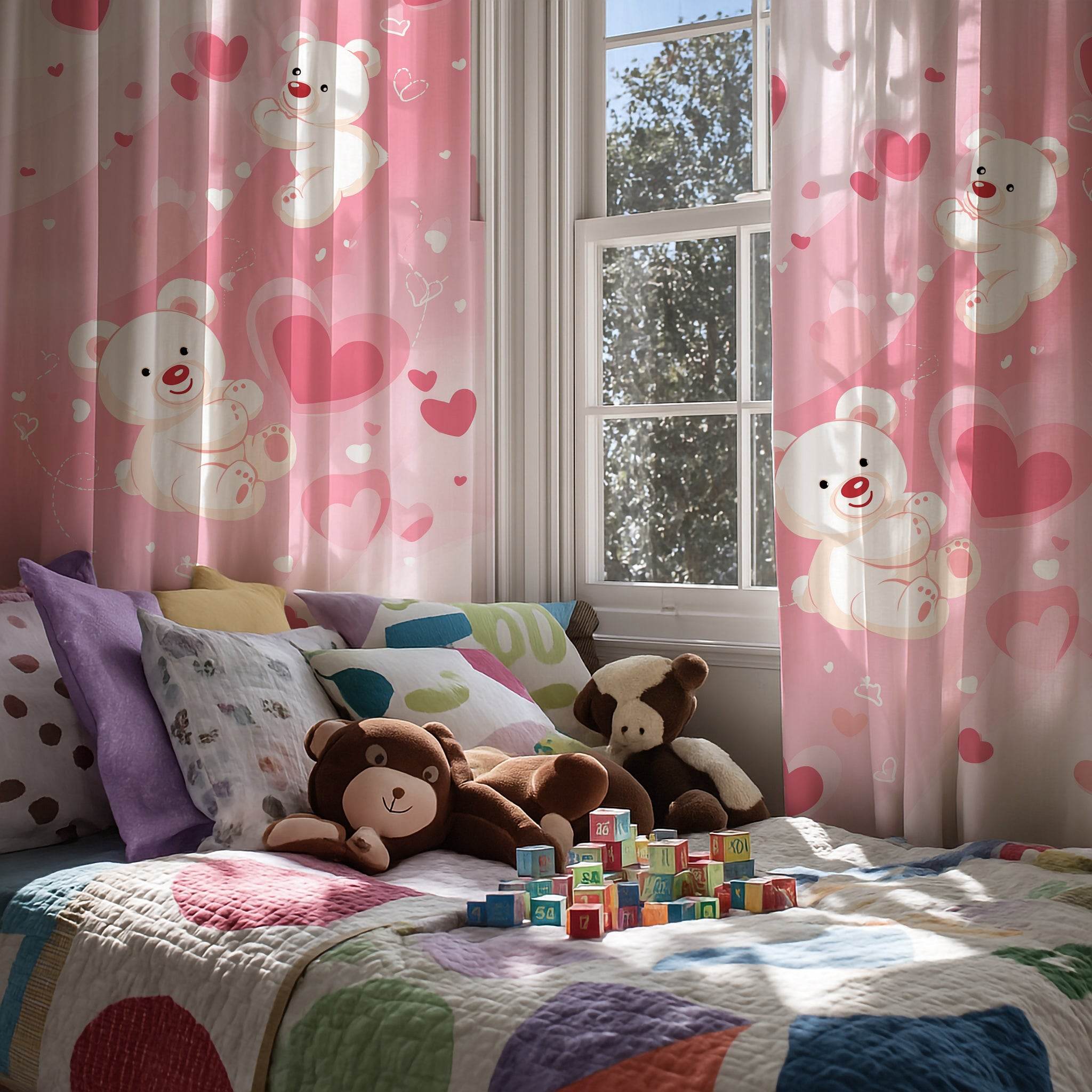 Adorable Bear Love Window Curtain, Cute Nursery Decor, Kids Room, Valentine Gift, Heart Theme, Playful Design - Home Decor -