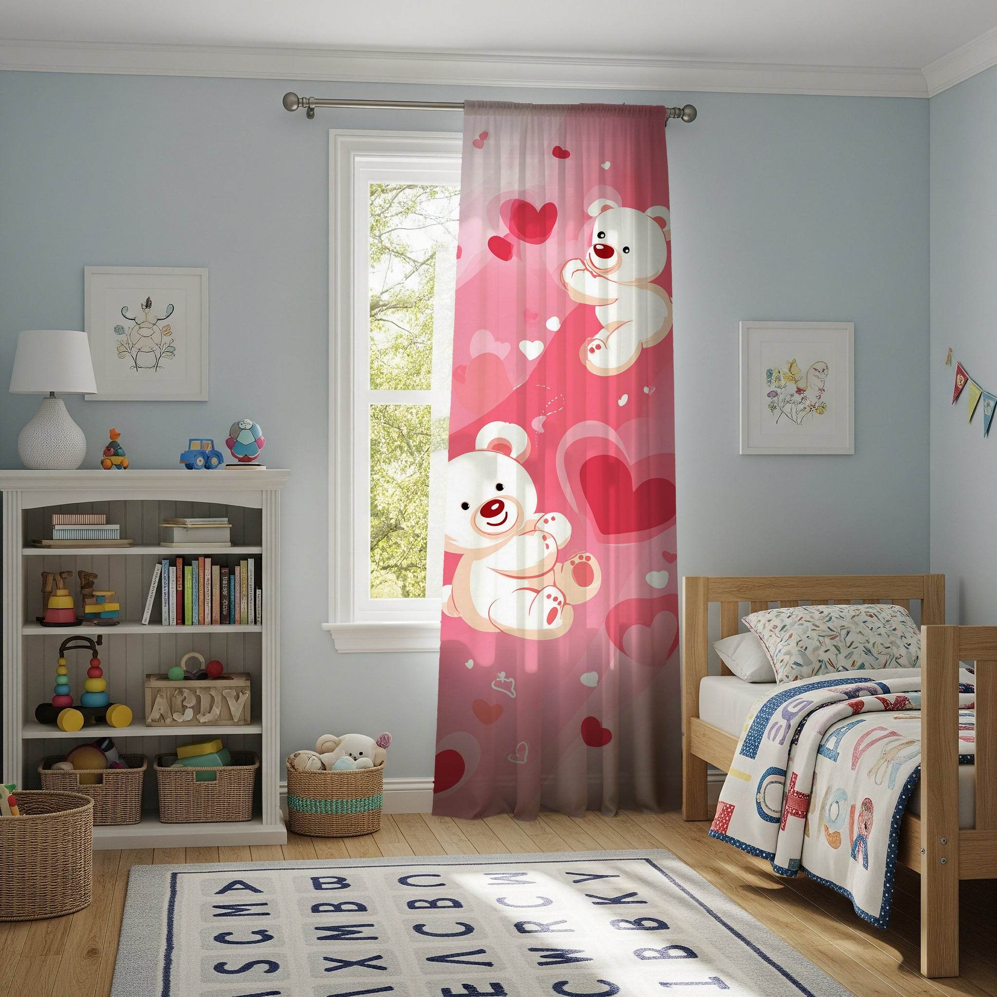 Adorable Bear Love Window Curtain, Cute Nursery Decor, Kids Room, Valentine Gift, Heart Theme, Playful Design - Home Decor -