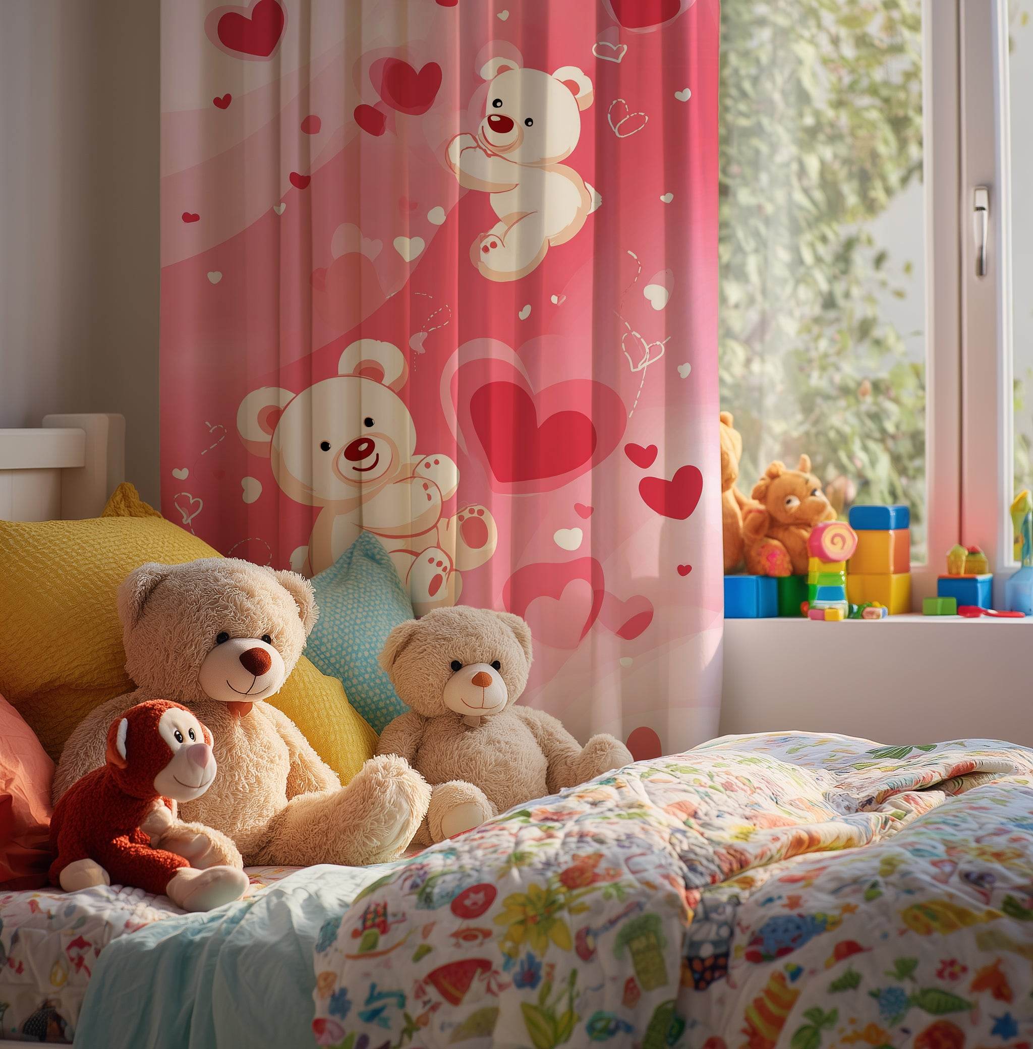 Adorable Bear Love Window Curtain, Cute Nursery Decor, Kids Room, Valentine Gift, Heart Theme, Playful Design - Home Decor -