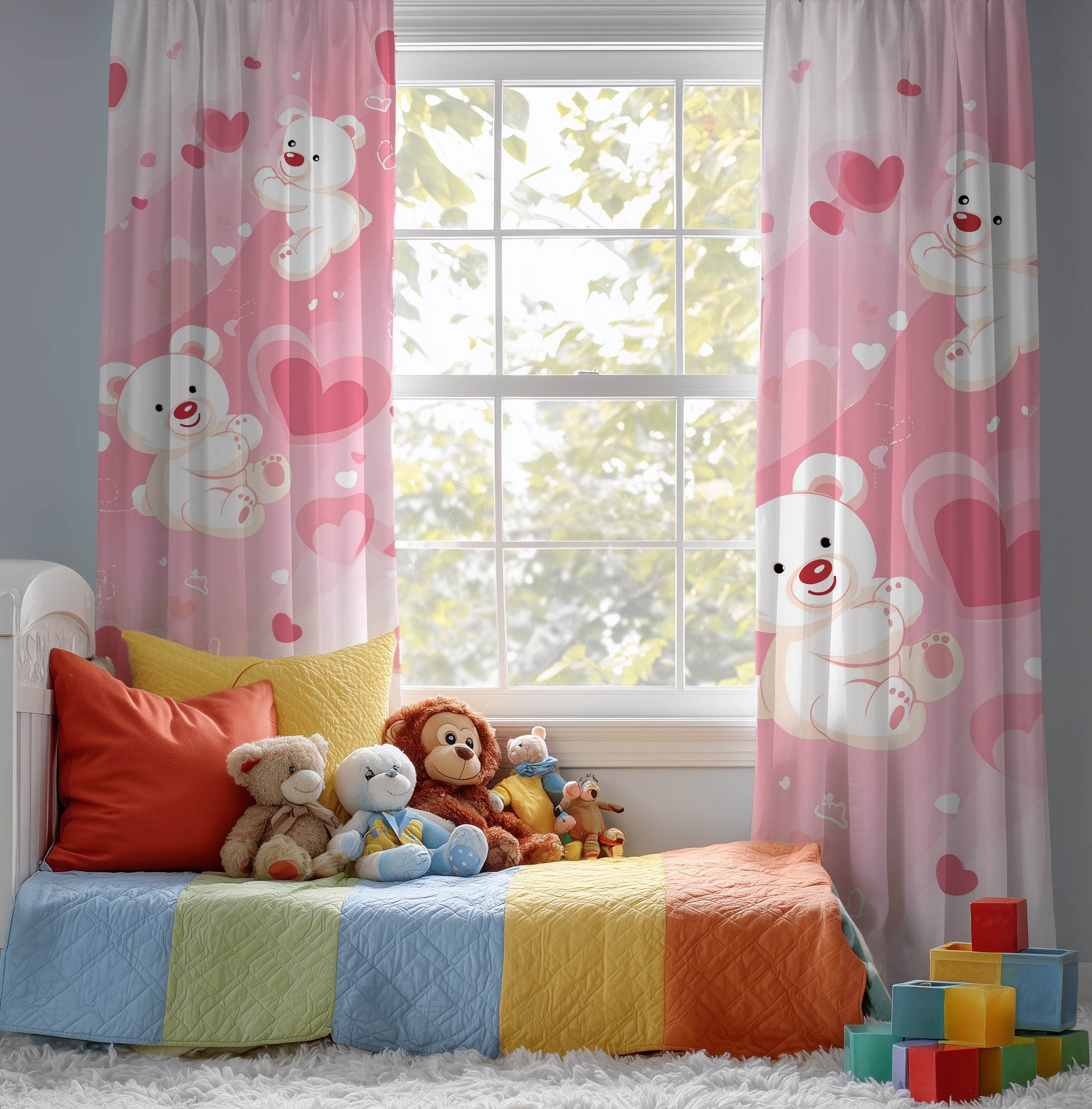 Adorable Bear Love Window Curtain, Cute Nursery Decor, Kids Room, Valentine Gift, Heart Theme, Playful Design - Home Decor -