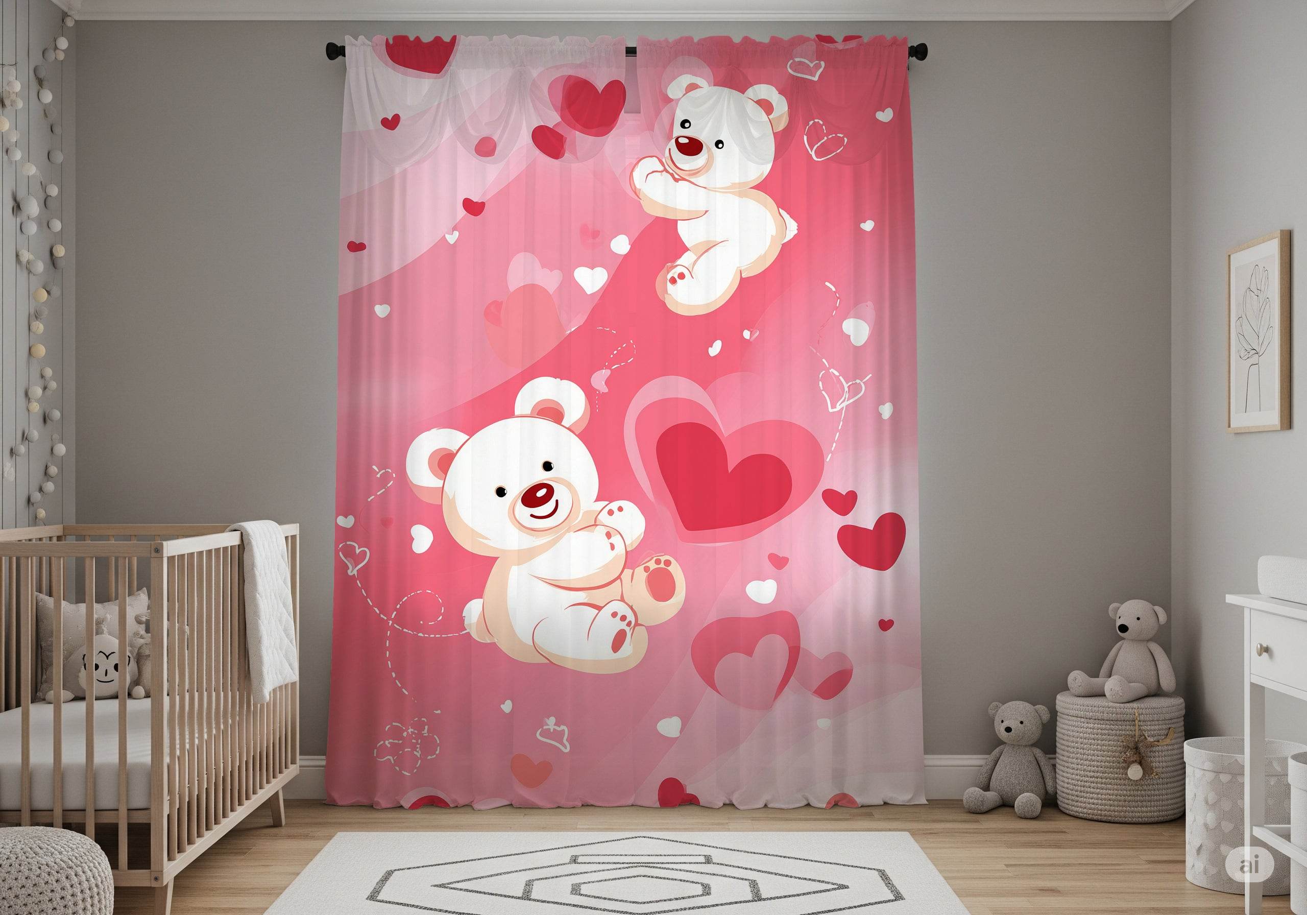 Adorable Bear Love Window Curtain, Cute Nursery Decor, Kids Room, Valentine Gift, Heart Theme, Playful Design - Home Decor -