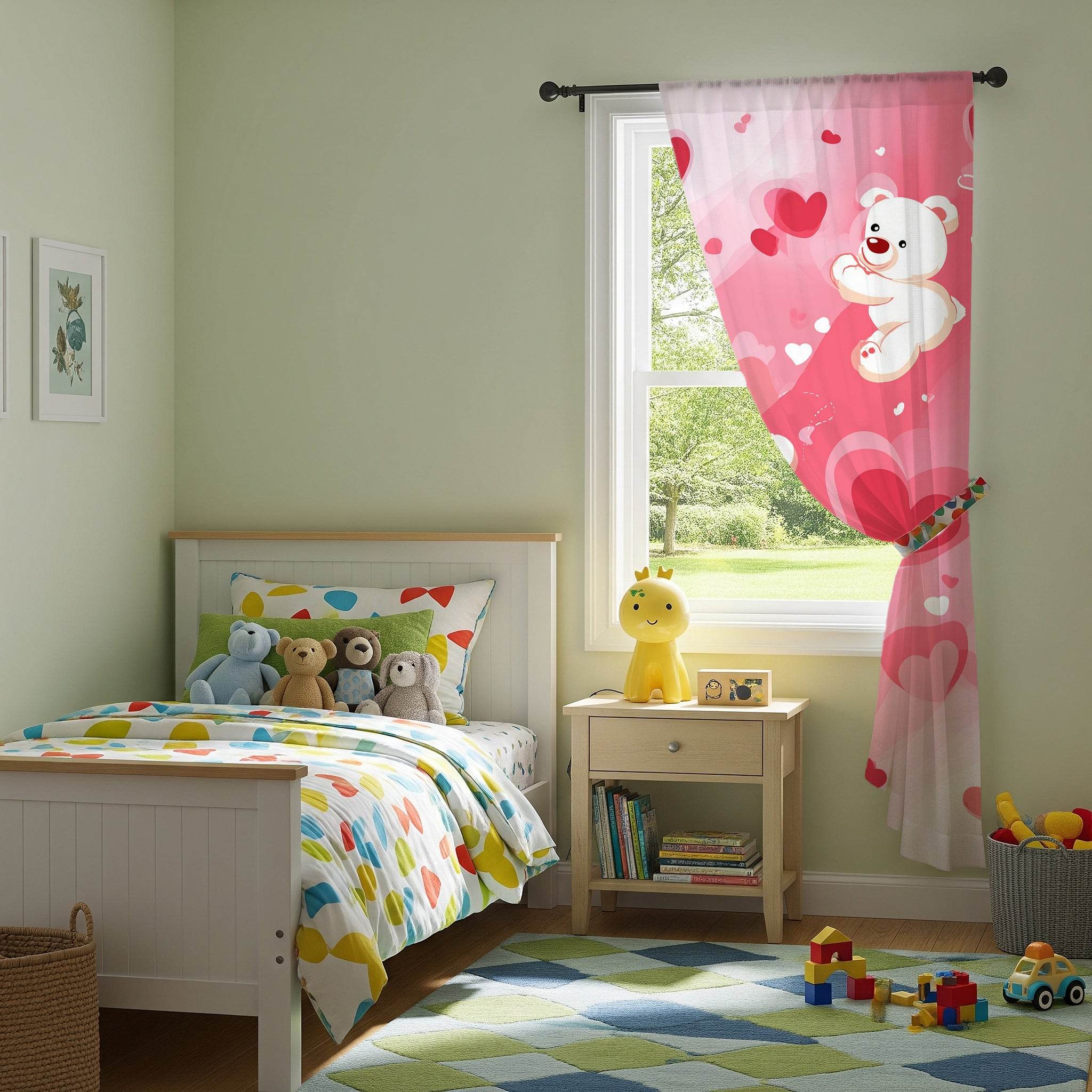 Adorable Bear Love Window Curtain, Cute Nursery Decor, Kids Room, Valentine Gift, Heart Theme, Playful Design - Home Decor -