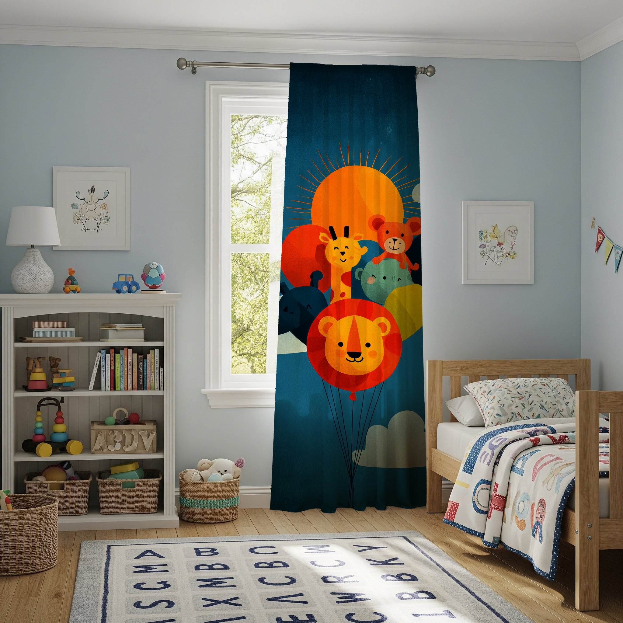 Whimsical Kids' Window Curtain with Animal Balloons, Adorable Home Decor for Nursery, Playroom, Baby Shower Gift, Cute Curtain - Home Decor -