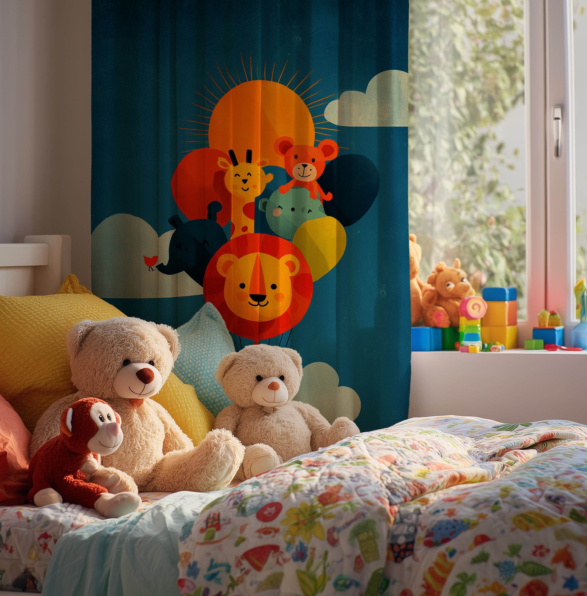 Whimsical Kids' Window Curtain with Animal Balloons, Adorable Home Decor for Nursery, Playroom, Baby Shower Gift, Cute Curtain - Home Decor -