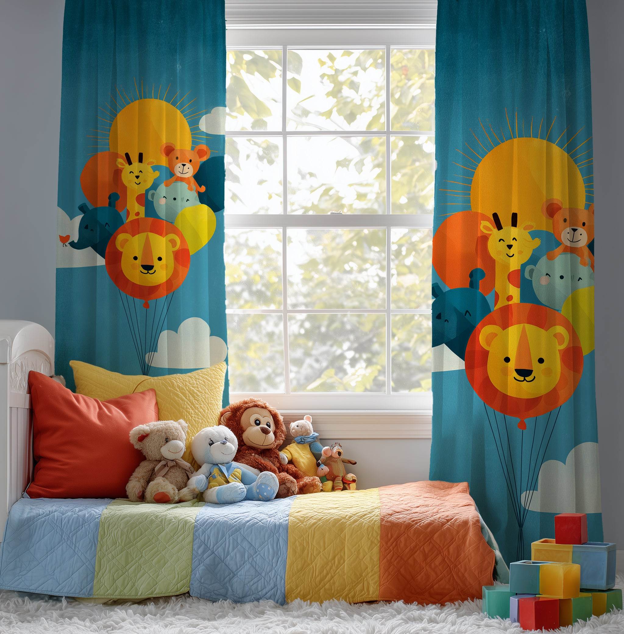 Whimsical Kids' Window Curtain with Animal Balloons, Adorable Home Decor for Nursery, Playroom, Baby Shower Gift, Cute Curtain - Home Decor -