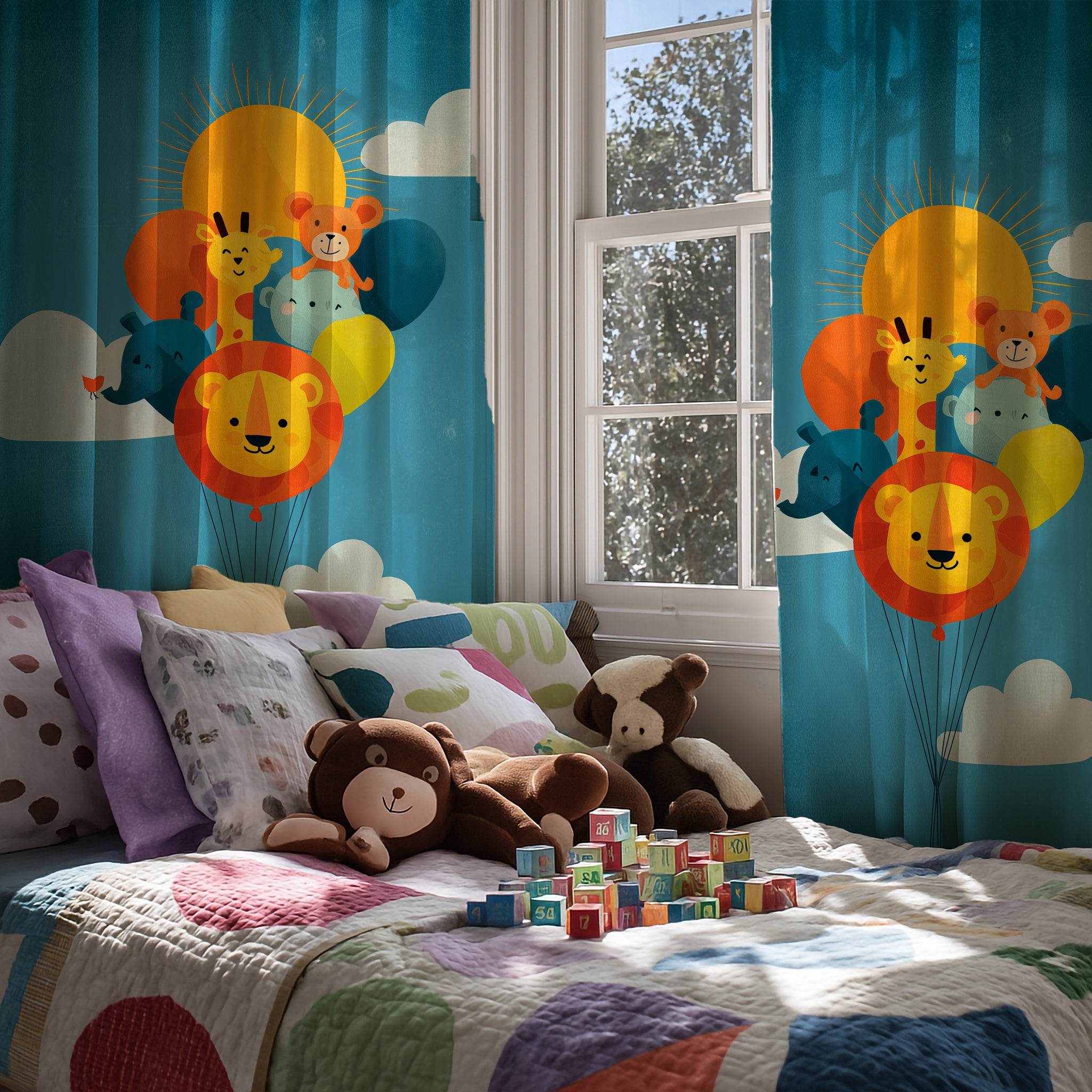 Whimsical Kids' Window Curtain with Animal Balloons, Adorable Home Decor for Nursery, Playroom, Baby Shower Gift, Cute Curtain - Home Decor -