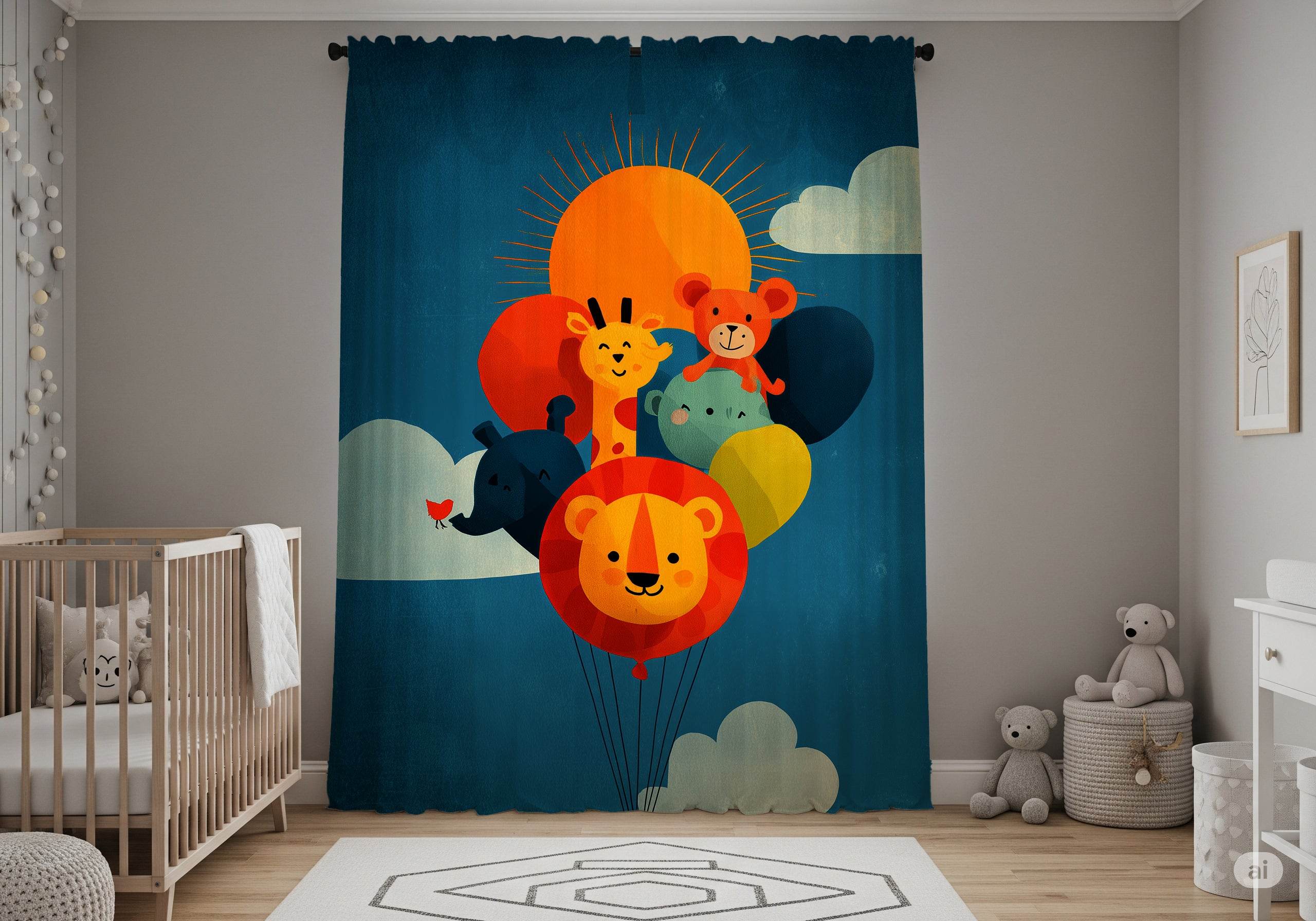 Whimsical Kids' Window Curtain with Animal Balloons, Adorable Home Decor for Nursery, Playroom, Baby Shower Gift, Cute Curtain - Home Decor -