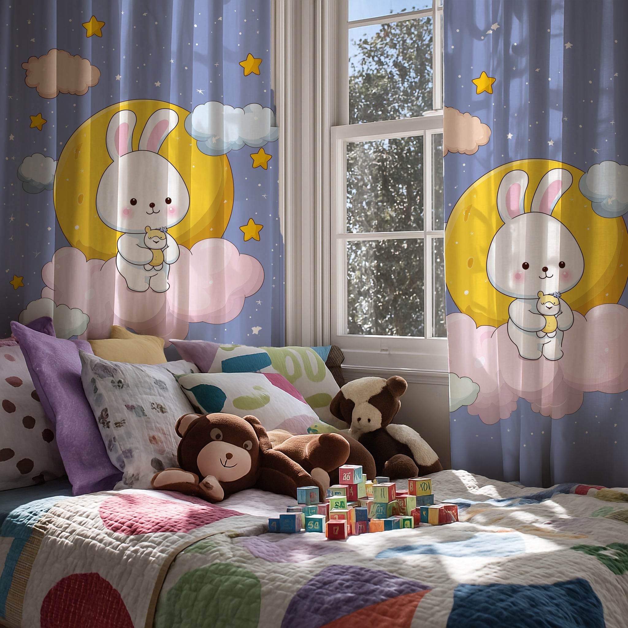 Cute Bunny Nursery Window Curtain, Kids Bedroom Decor, Soft Pastel Curtains, Baby Shower Gift, Childrens Room Accessories - Home Decor -