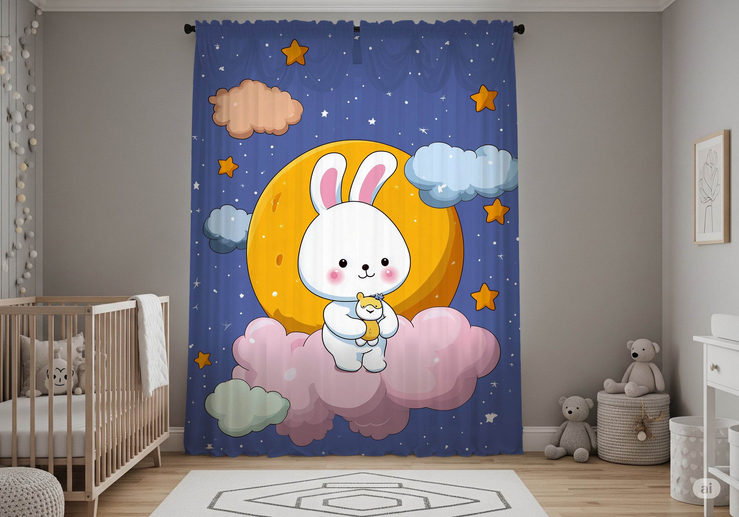 Cute Bunny Nursery Window Curtain, Kids Bedroom Decor, Soft Pastel Curtains, Baby Shower Gift, Childrens Room Accessories - Home Decor -
