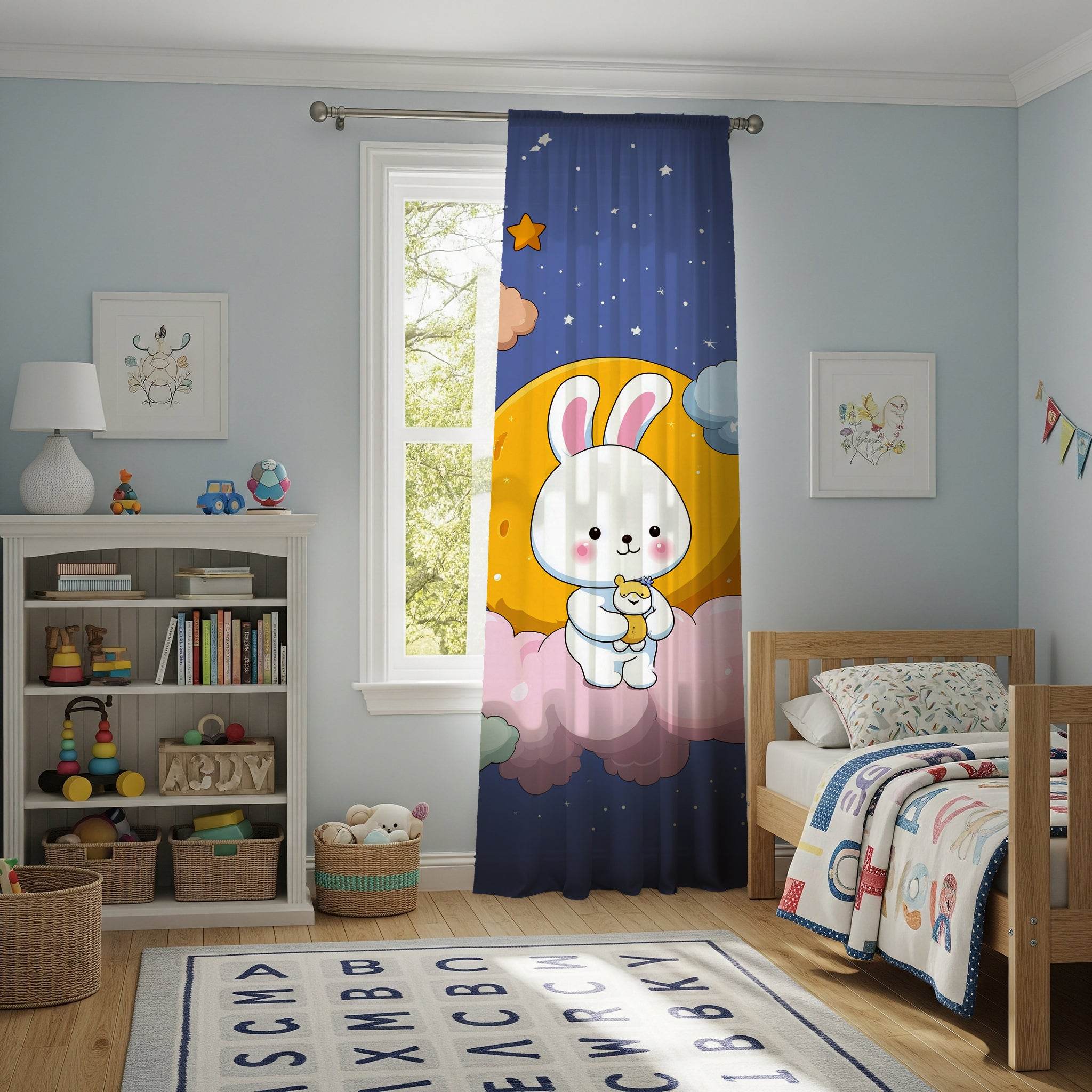 Cute Bunny Nursery Window Curtain, Kids Bedroom Decor, Soft Pastel Curtains, Baby Shower Gift, Childrens Room Accessories - Home Decor -