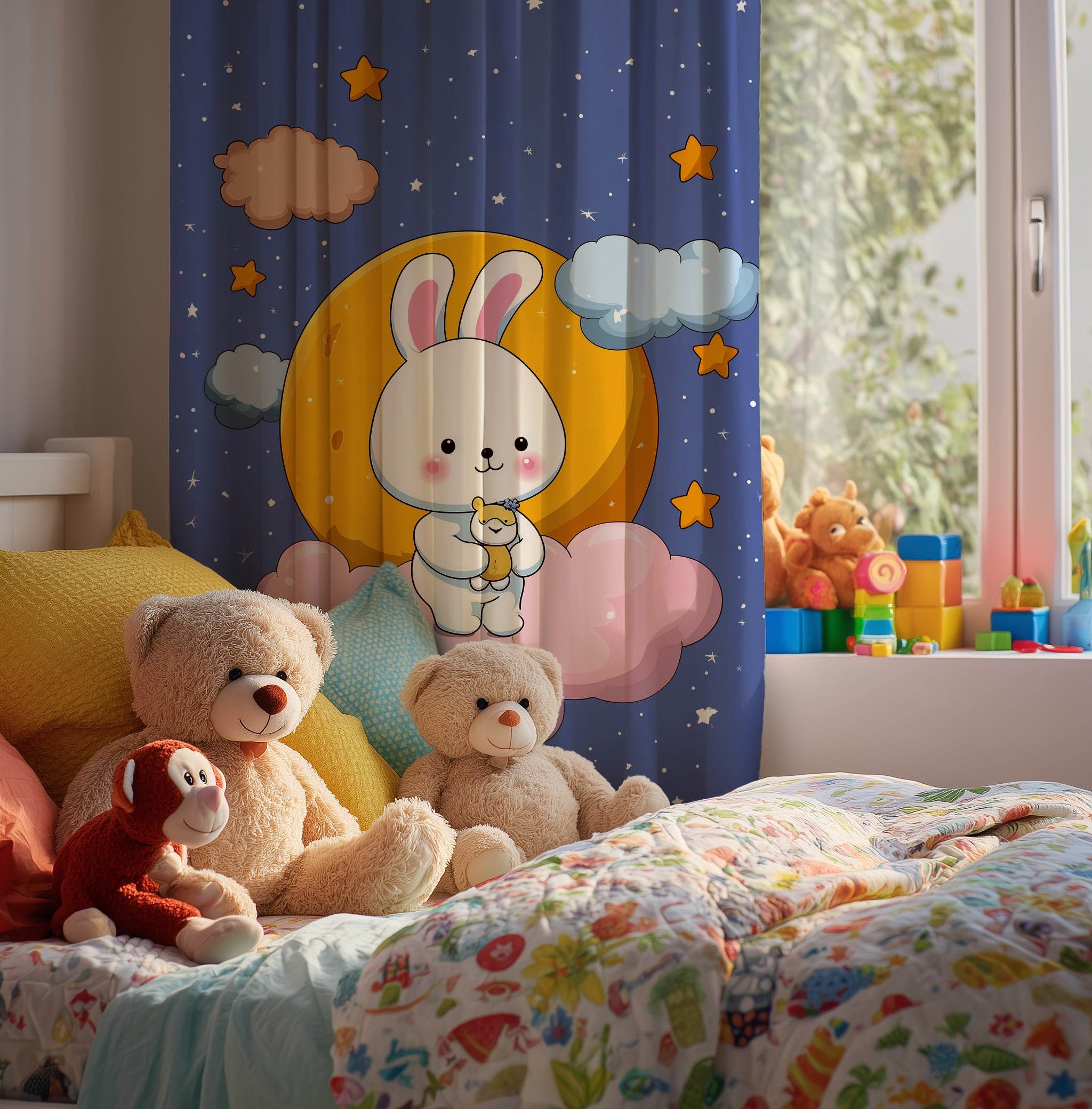 Cute Bunny Nursery Window Curtain, Kids Bedroom Decor, Soft Pastel Curtains, Baby Shower Gift, Childrens Room Accessories - Home Decor -