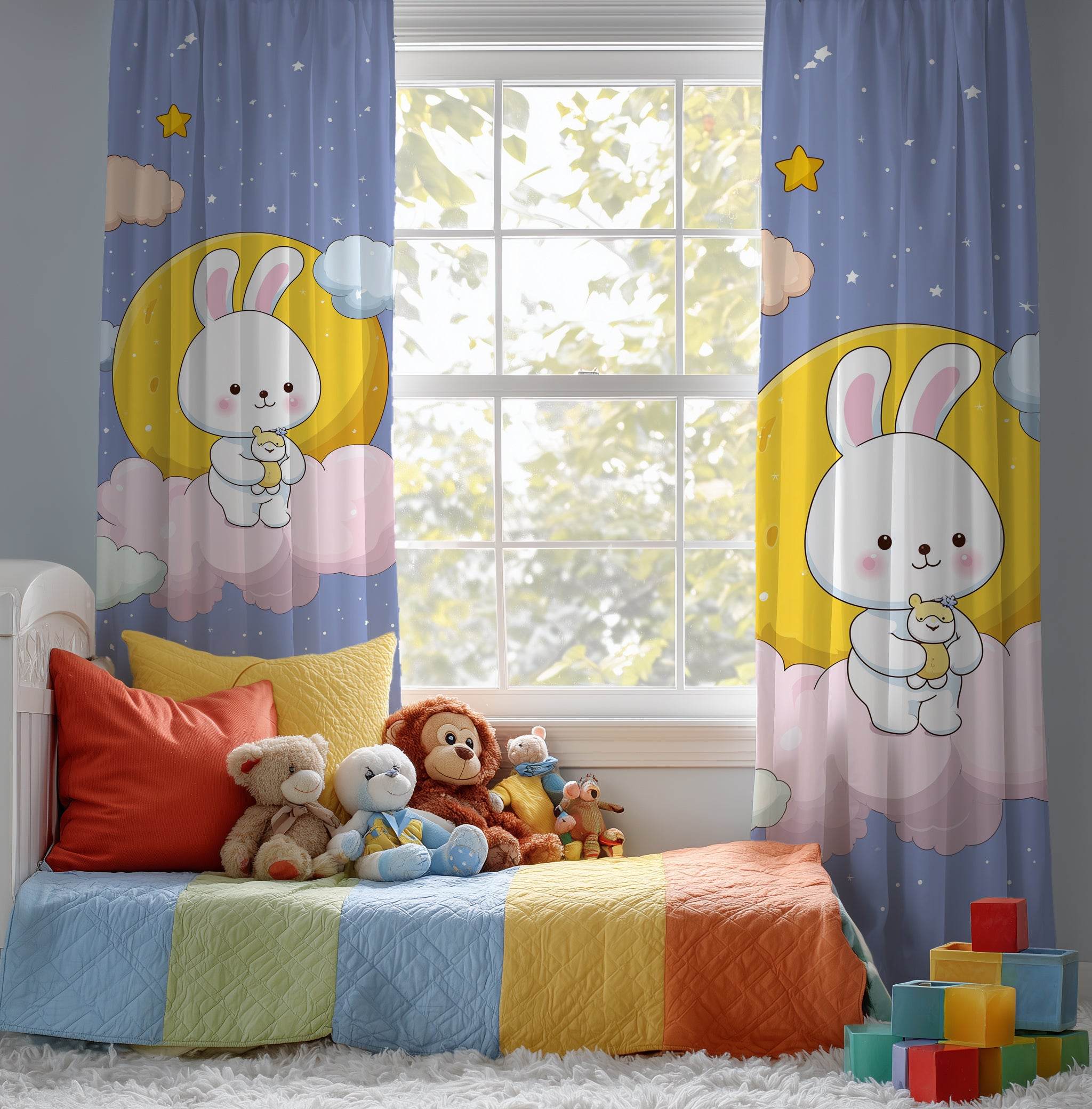 Cute Bunny Nursery Window Curtain, Kids Bedroom Decor, Soft Pastel Curtains, Baby Shower Gift, Childrens Room Accessories - Home Decor -