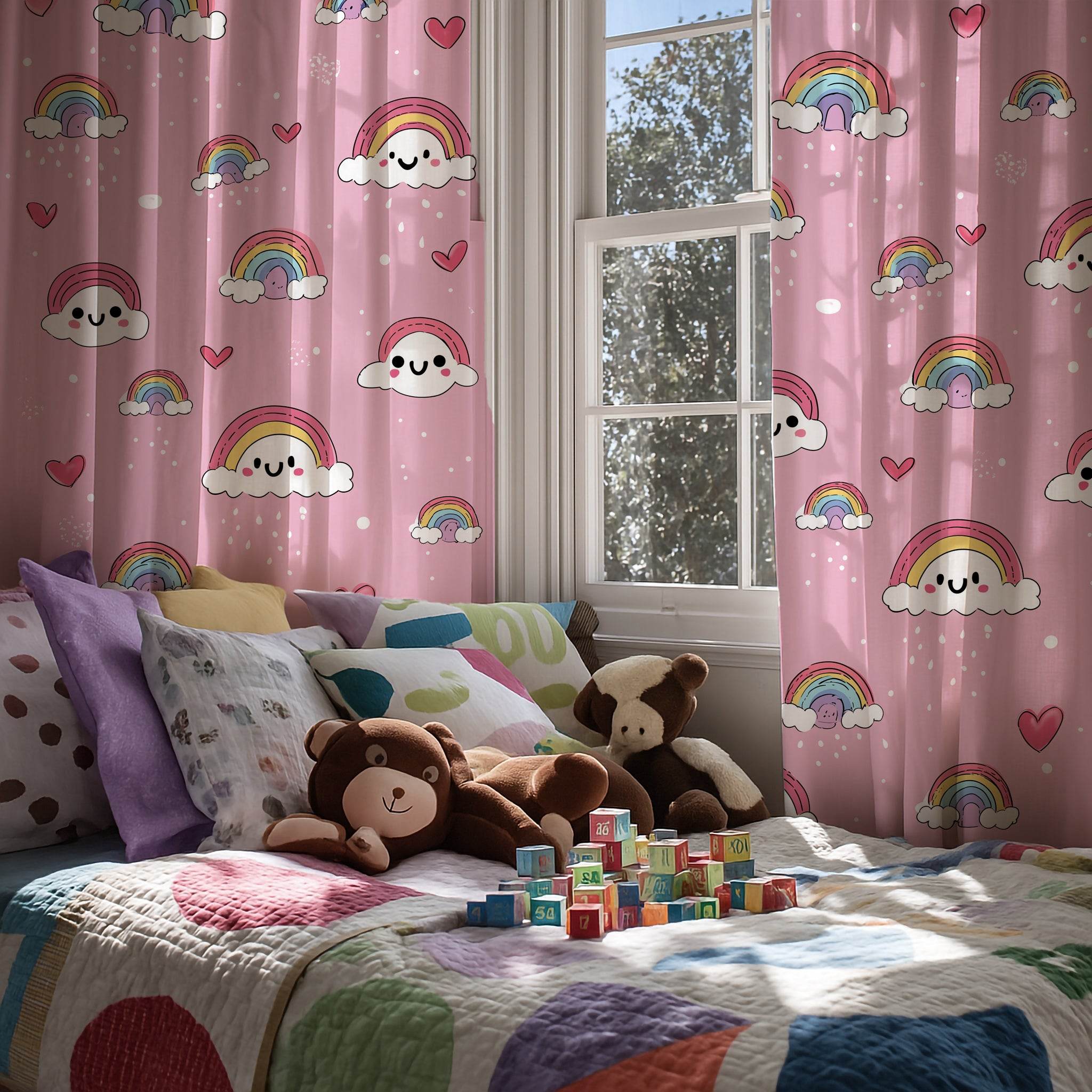 Cute Rainbow Window Curtain, Kids Room Decor, Pastel Curtains, Gift for Nursery, Playroom Window Treatment - Home Decor -