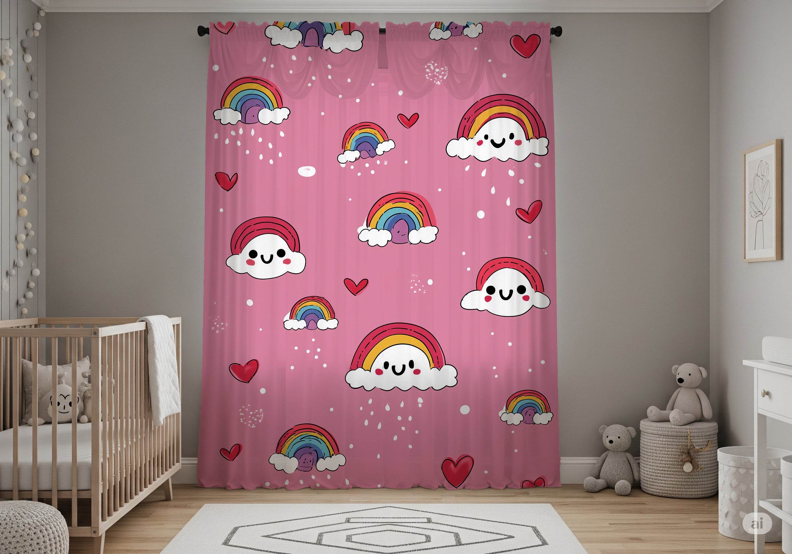 Cute Rainbow Window Curtain, Kids Room Decor, Pastel Curtains, Gift for Nursery, Playroom Window Treatment - Home Decor -