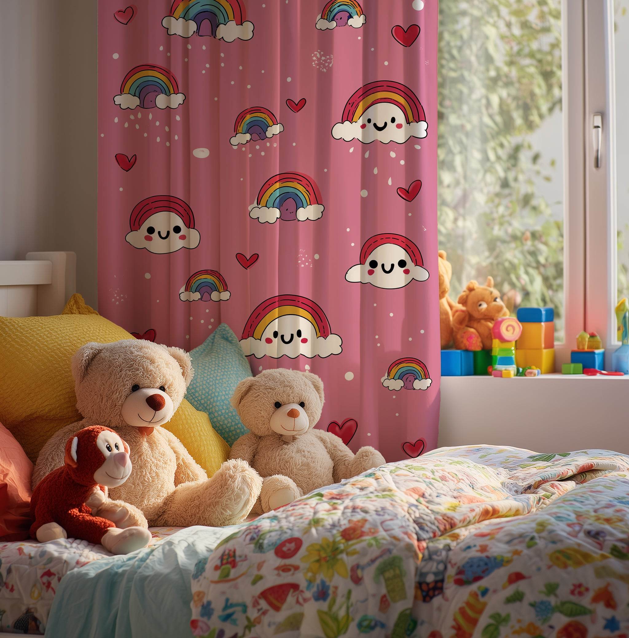 Cute Rainbow Window Curtain, Kids Room Decor, Pastel Curtains, Gift for Nursery, Playroom Window Treatment - Home Decor -