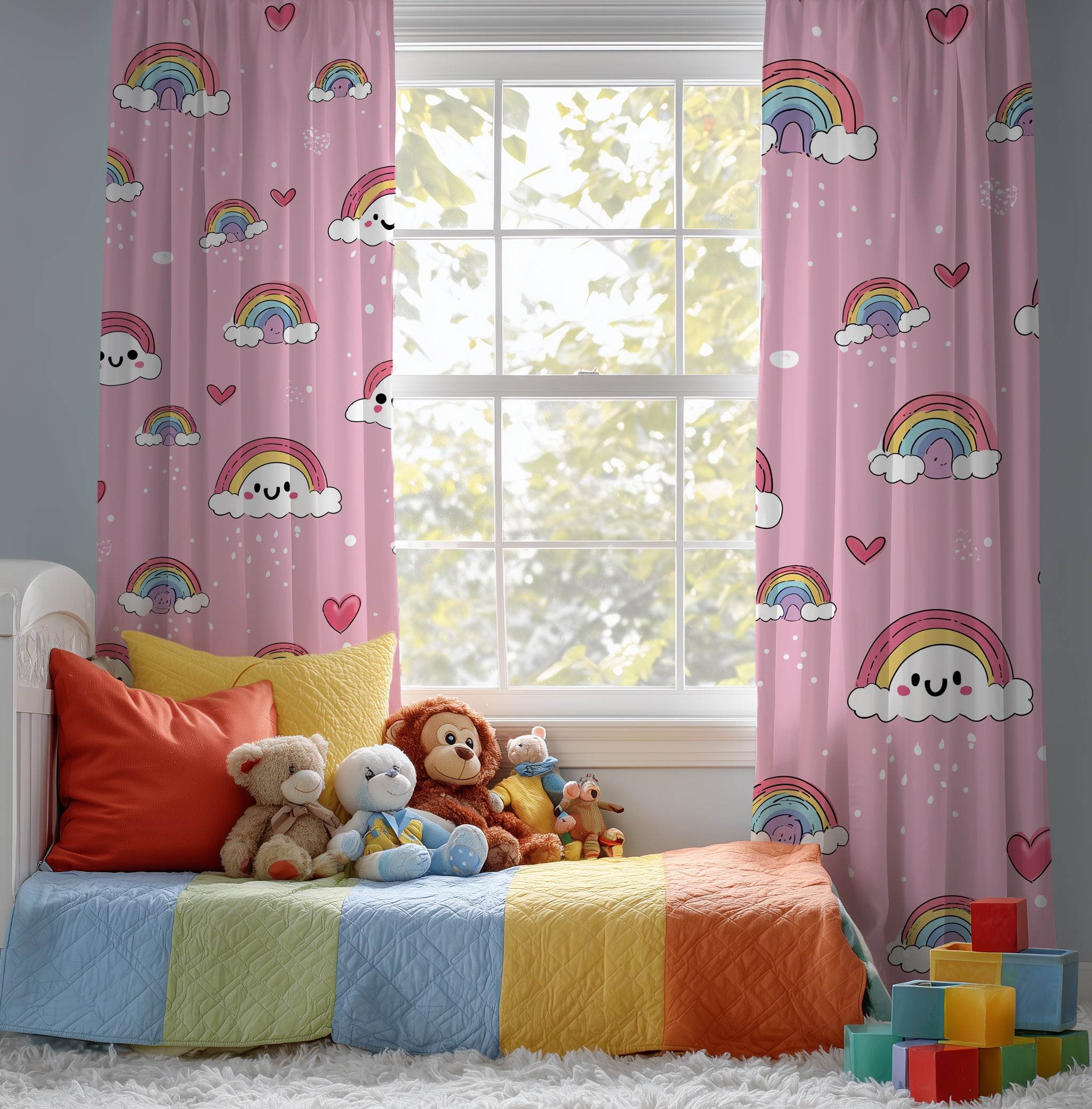 Cute Rainbow Window Curtain, Kids Room Decor, Pastel Curtains, Gift for Nursery, Playroom Window Treatment - Home Decor -