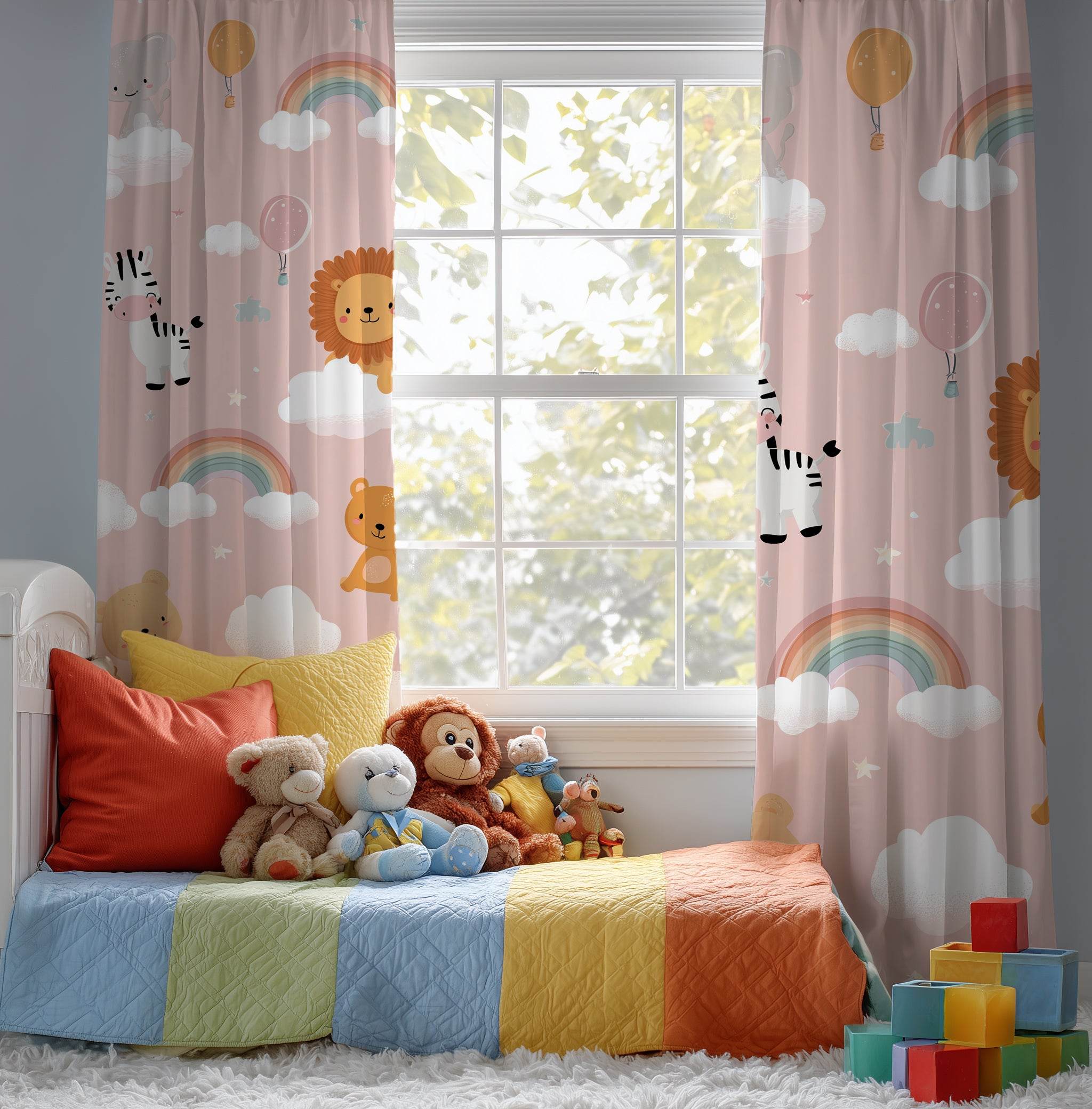 Whimsical Animal Nursery Curtain, Baby Shower Decor, Kids Room Shades, Playroom Window Treatment, Colorful Cloud Motif - Home Decor -