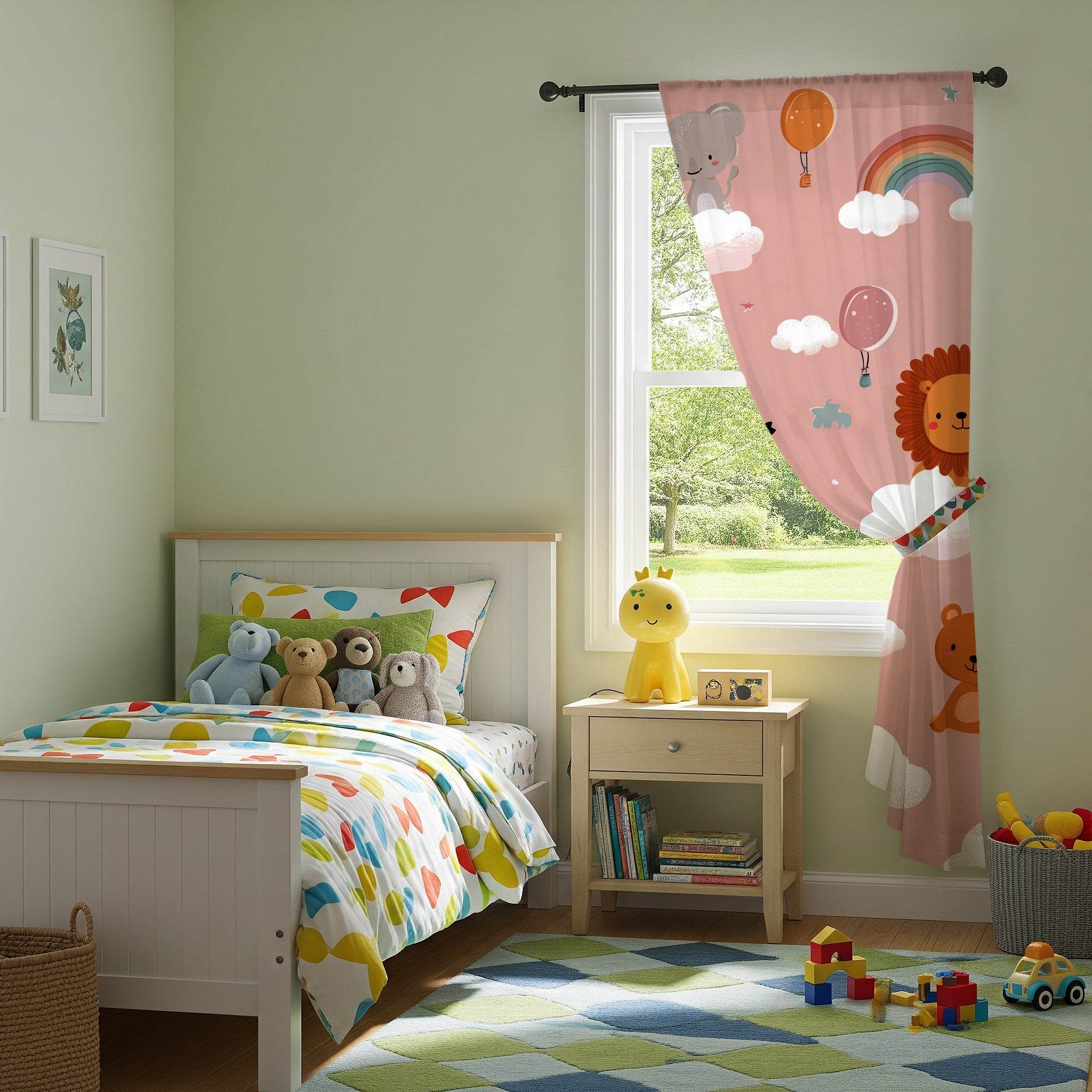 Whimsical Animal Nursery Curtain, Baby Shower Decor, Kids Room Shades, Playroom Window Treatment, Colorful Cloud Motif - Home Decor -