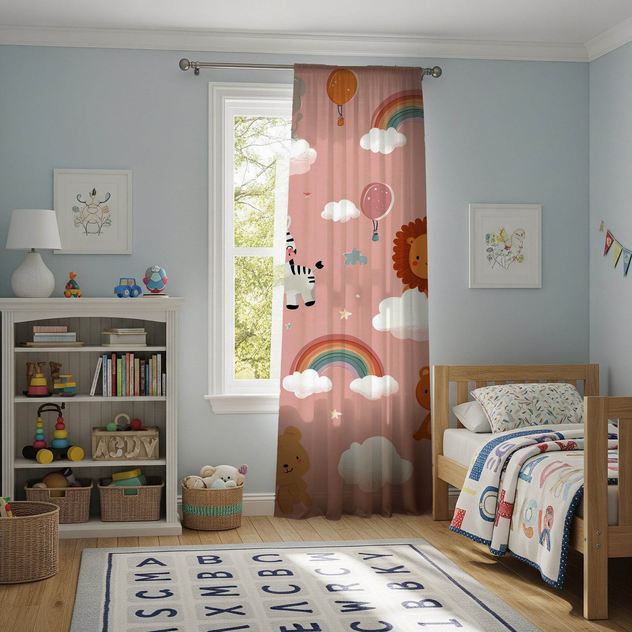 Whimsical Animal Nursery Curtain, Baby Shower Decor, Kids Room Shades, Playroom Window Treatment, Colorful Cloud Motif - Home Decor -