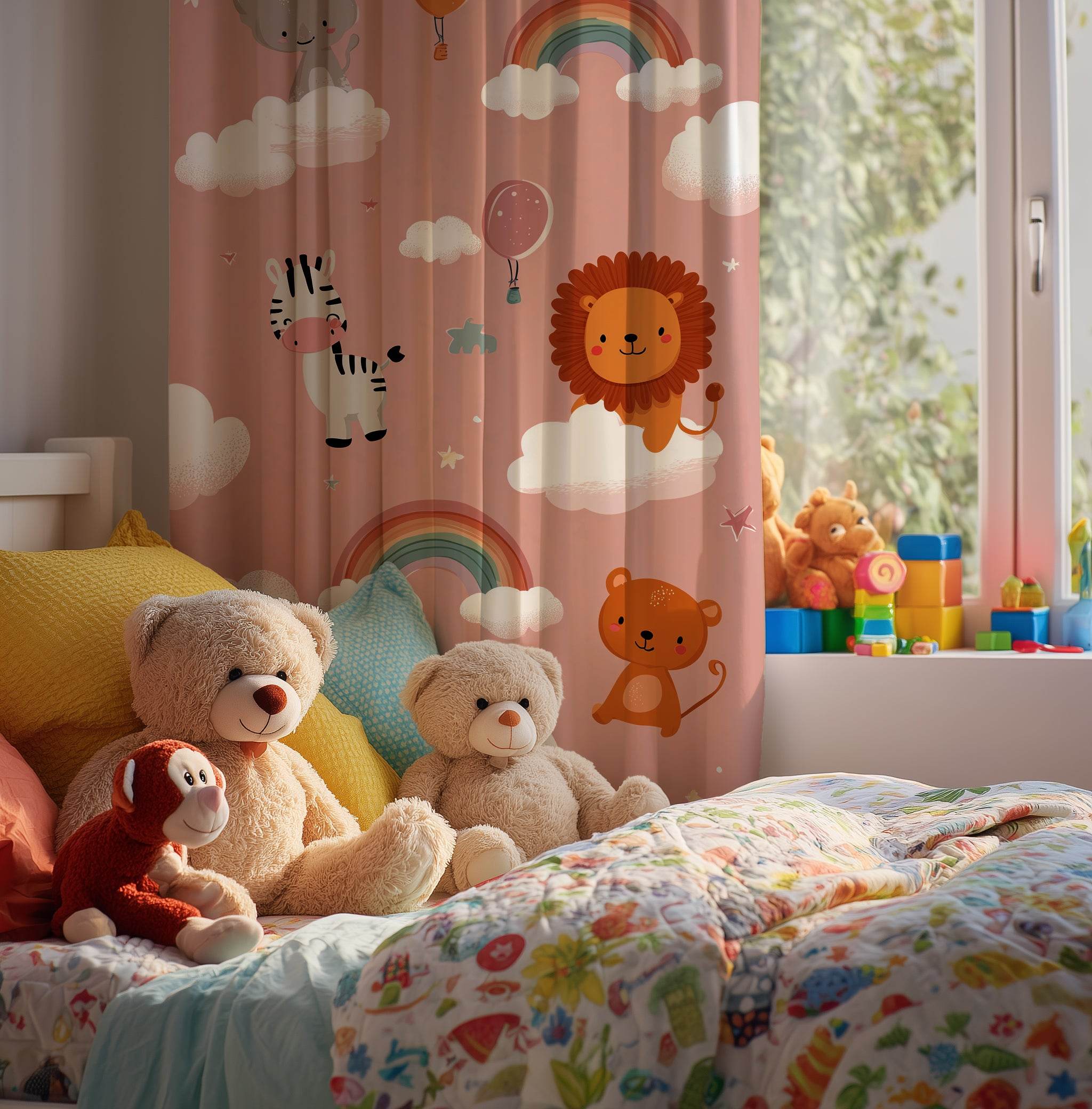 Whimsical Animal Nursery Curtain, Baby Shower Decor, Kids Room Shades, Playroom Window Treatment, Colorful Cloud Motif - Home Decor -