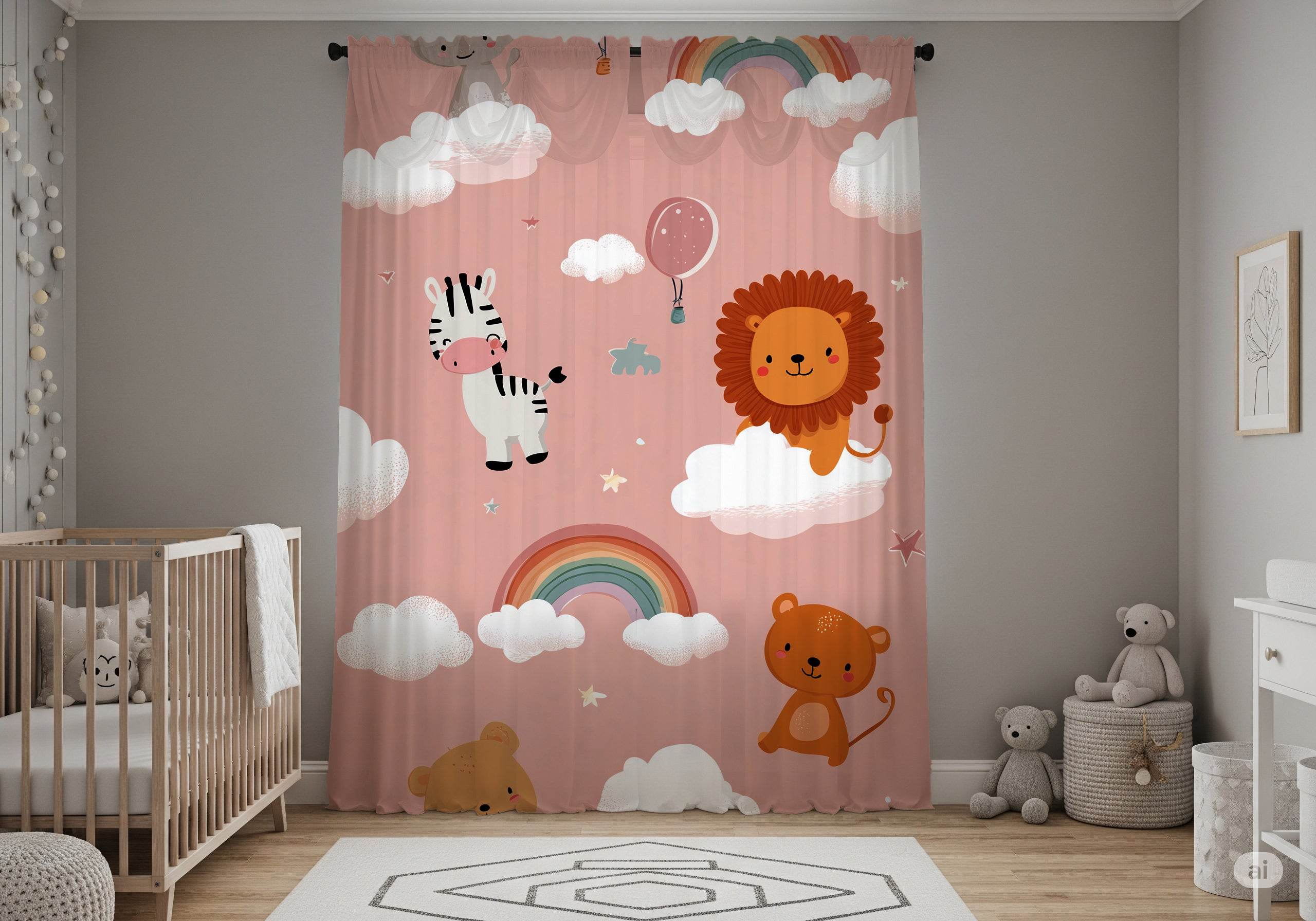 Whimsical Animal Nursery Curtain, Baby Shower Decor, Kids Room Shades, Playroom Window Treatment, Colorful Cloud Motif - Home Decor -