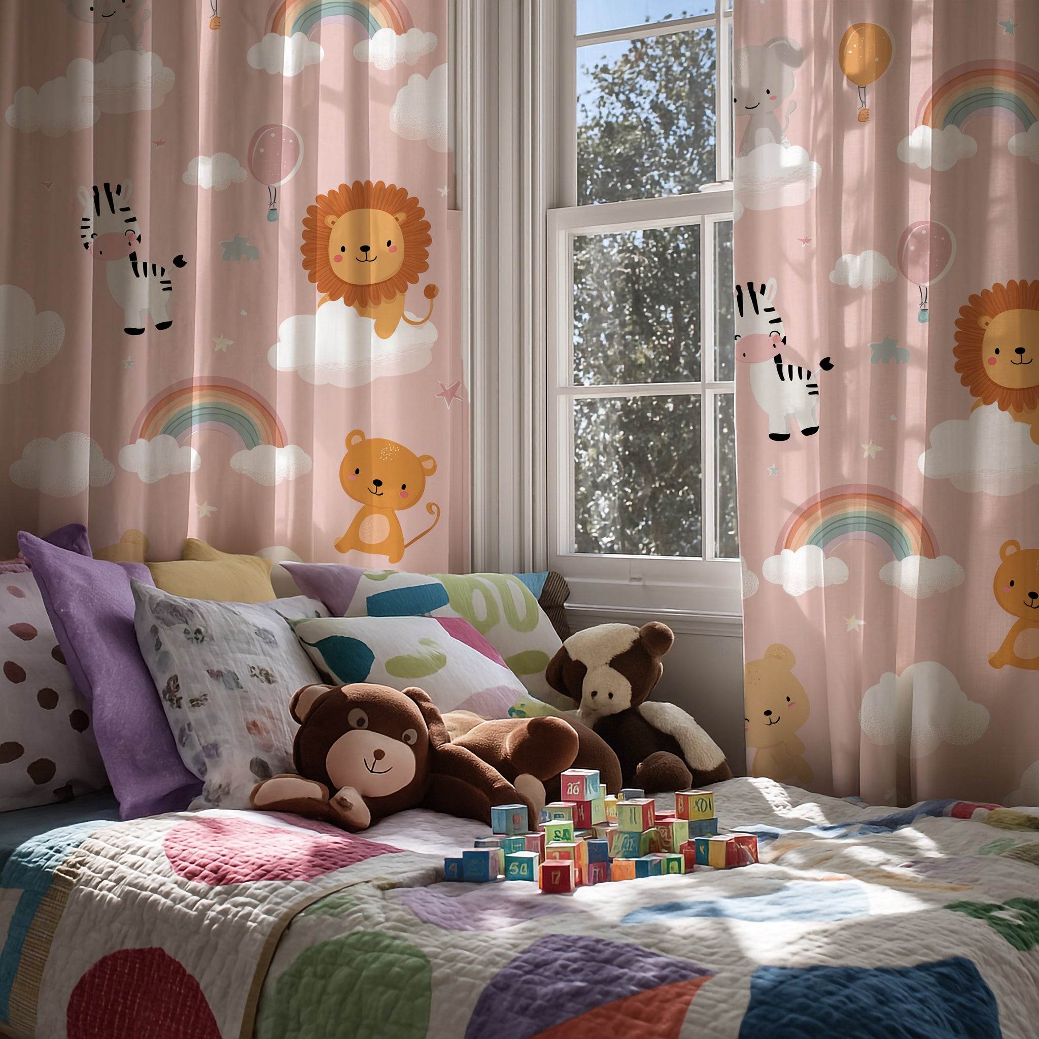 Whimsical Animal Nursery Curtain, Baby Shower Decor, Kids Room Shades, Playroom Window Treatment, Colorful Cloud Motif - Home Decor -