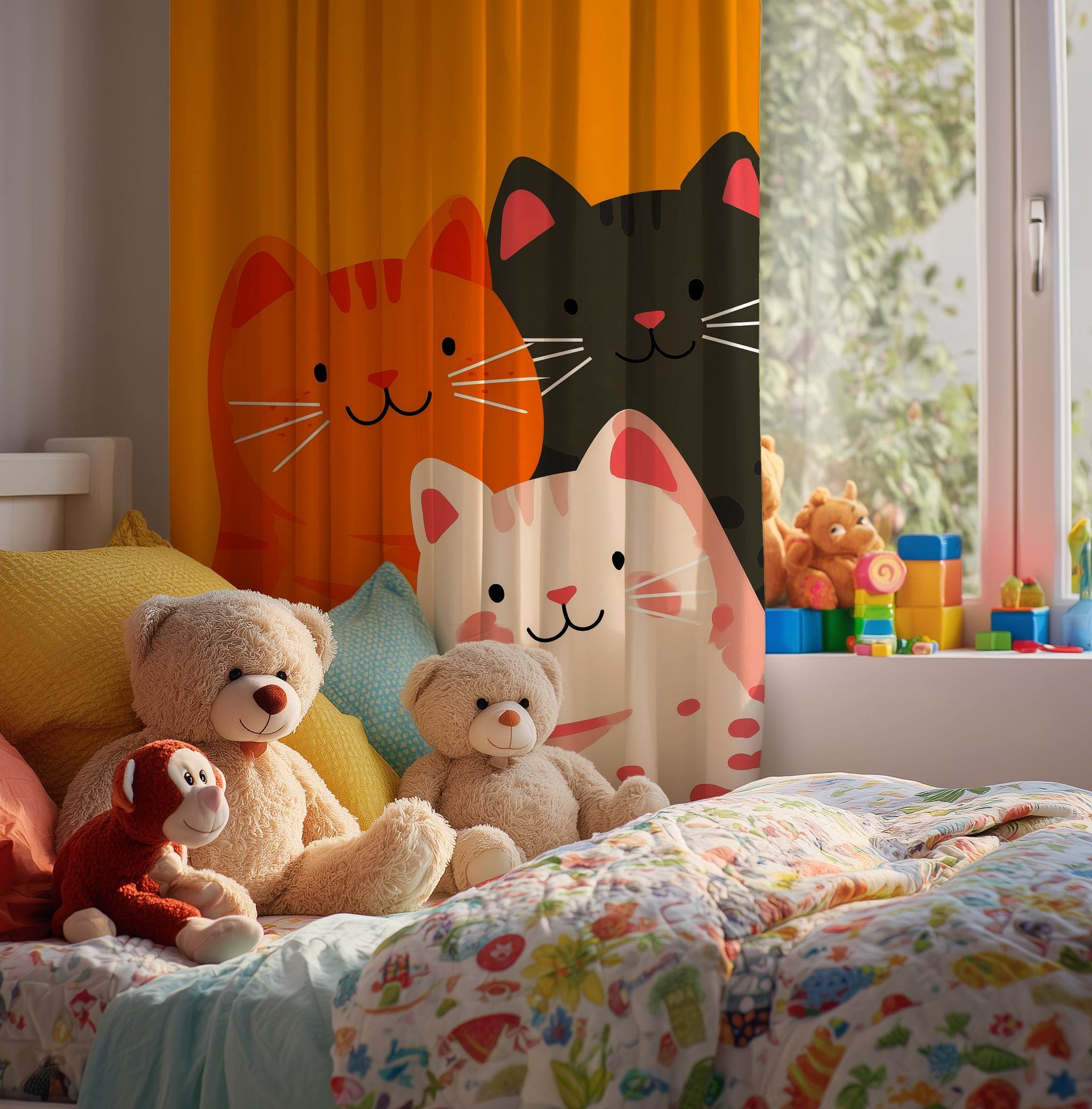 Whimsical Cat Window Curtain - Cute Cat Decor, Pet Lovers Gift, Animal-Themed Room, Bright Home Accessory, Kids' Room Decor - Home Decor -