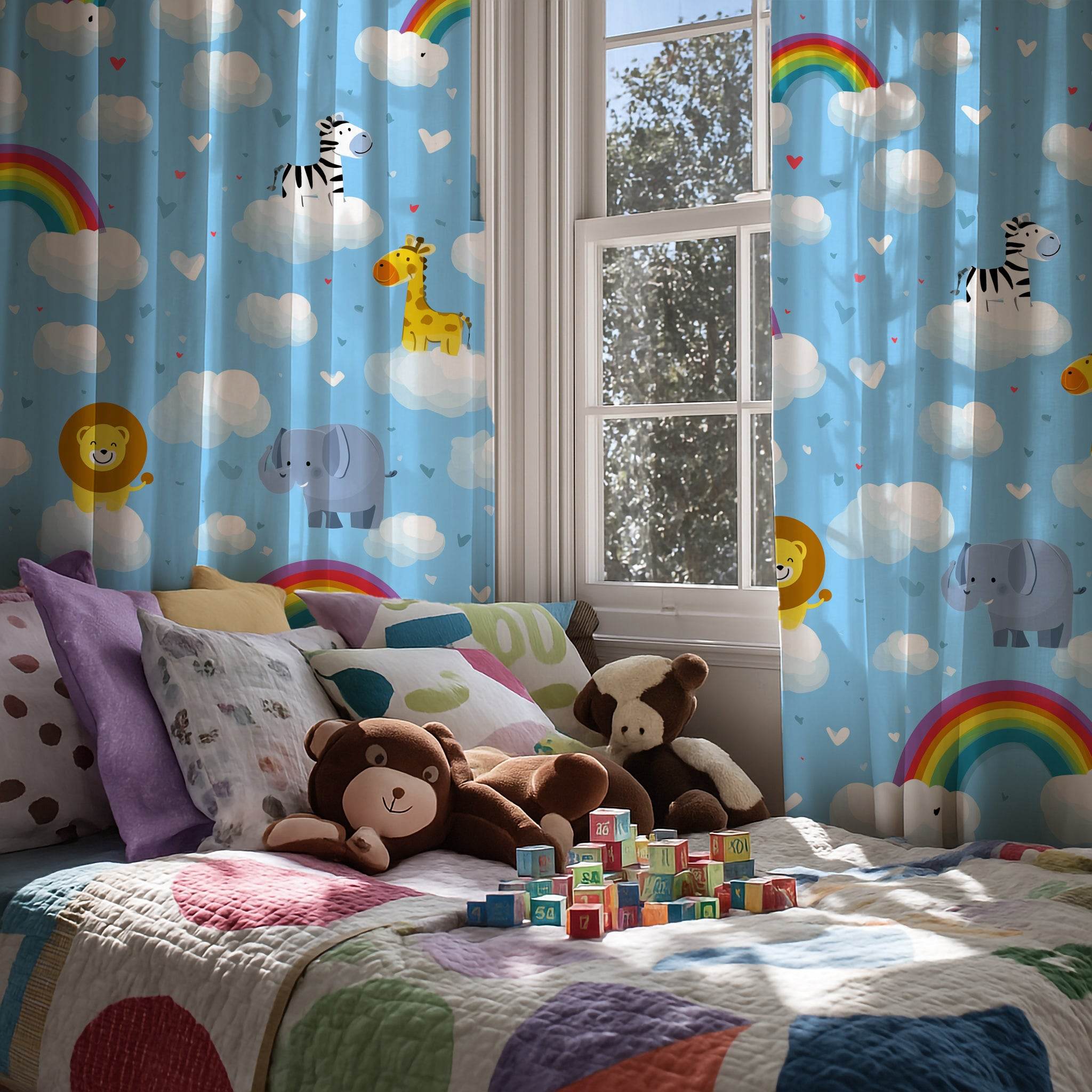 Whimsical Jungle Animal Window Curtain, Kids Room Decor, Nursery Window Treatment, Playful Rainbow Design, Fun Home Accessory - Home Decor -