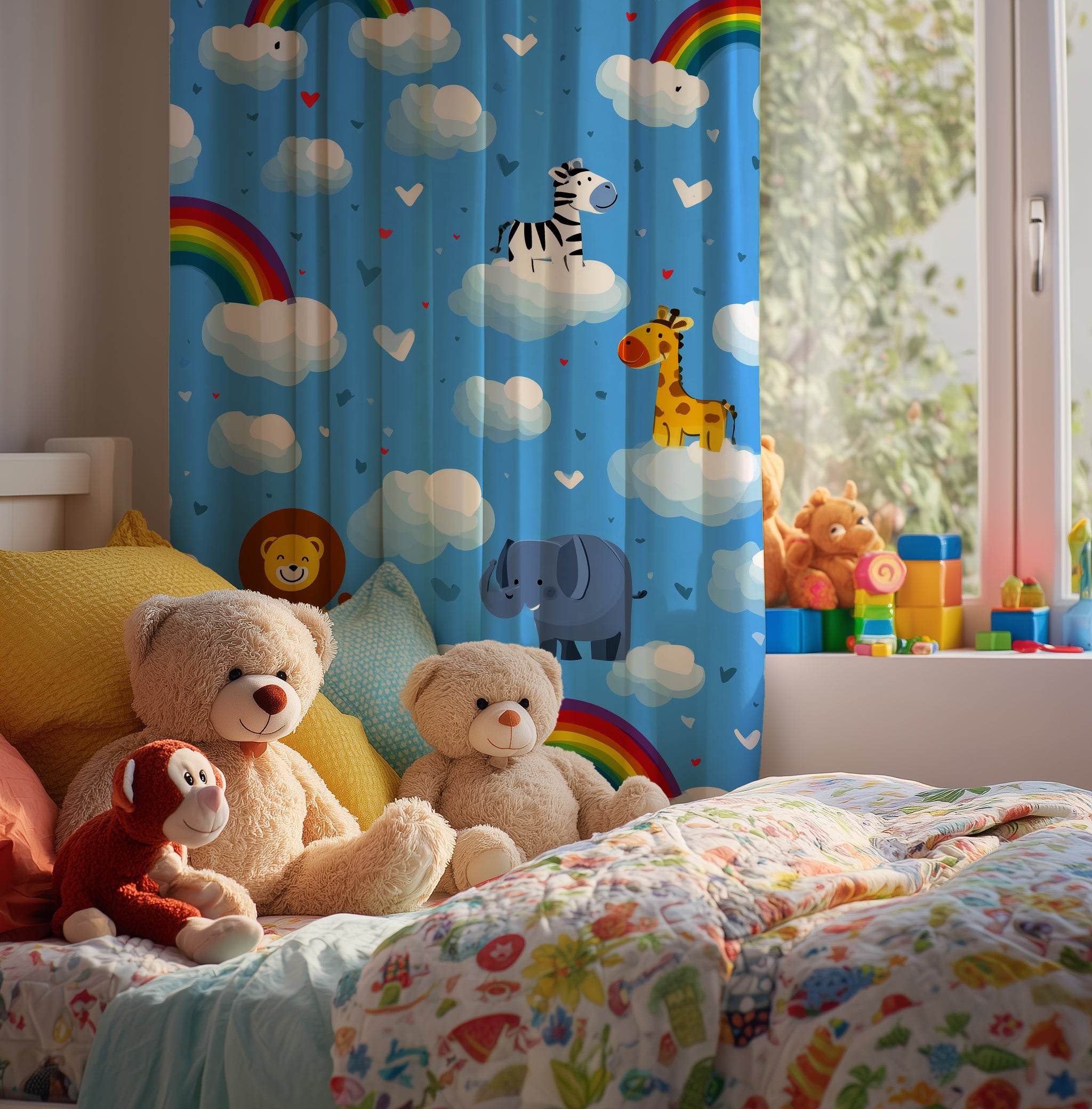 Whimsical Jungle Animal Window Curtain, Kids Room Decor, Nursery Window Treatment, Playful Rainbow Design, Fun Home Accessory - Home Decor -