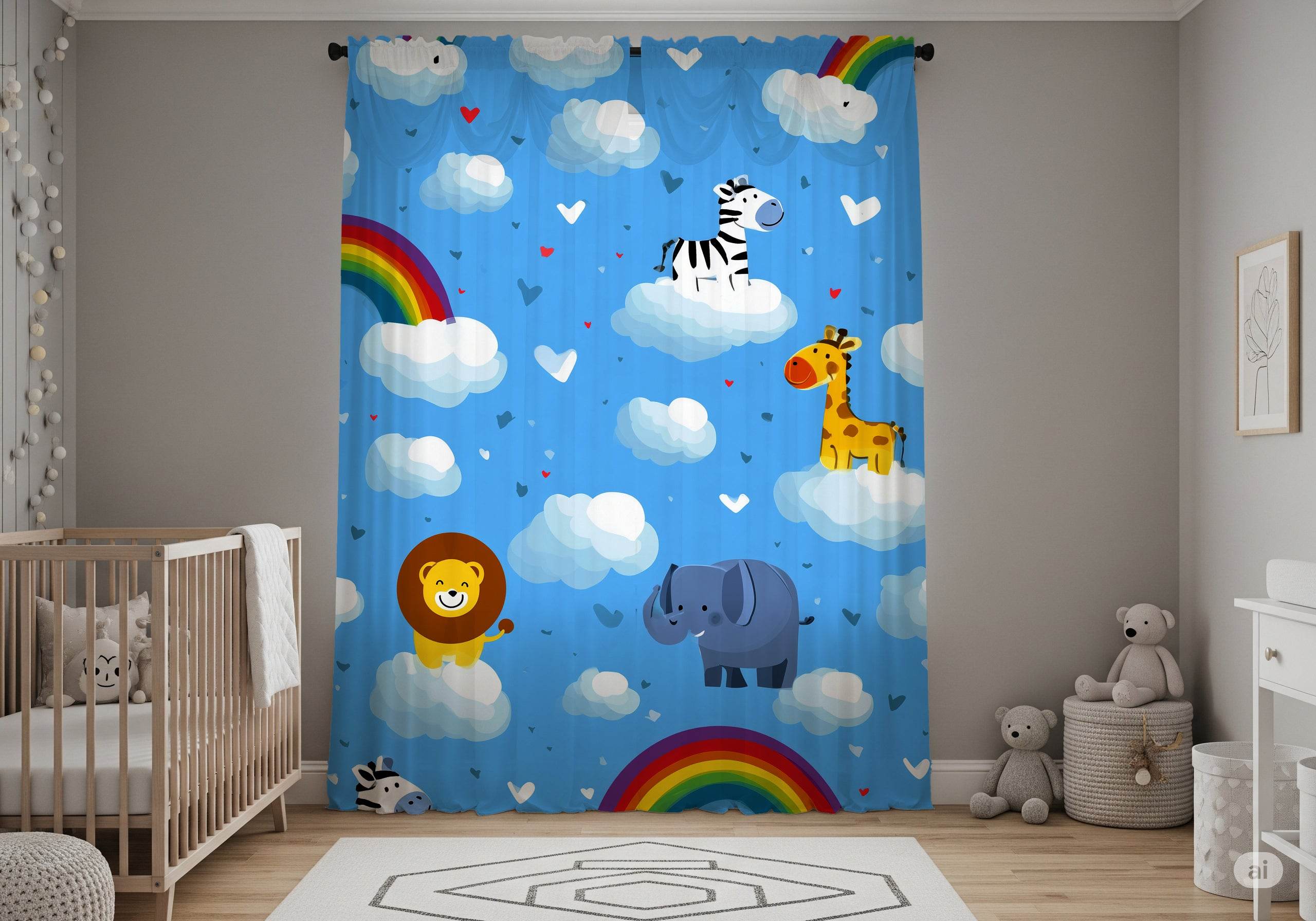 Whimsical Jungle Animal Window Curtain, Kids Room Decor, Nursery Window Treatment, Playful Rainbow Design, Fun Home Accessory - Home Decor -