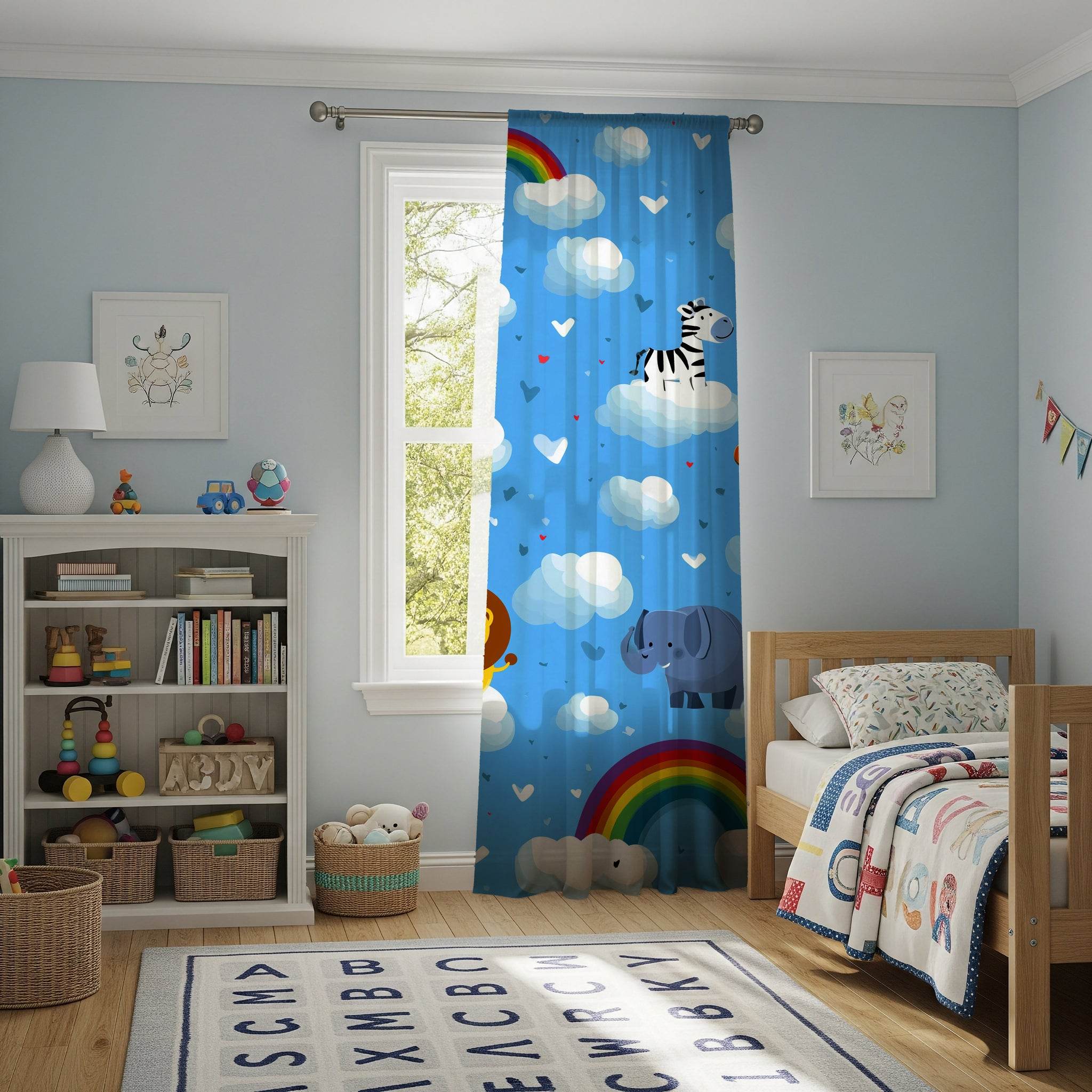 Whimsical Jungle Animal Window Curtain, Kids Room Decor, Nursery Window Treatment, Playful Rainbow Design, Fun Home Accessory - Home Decor -