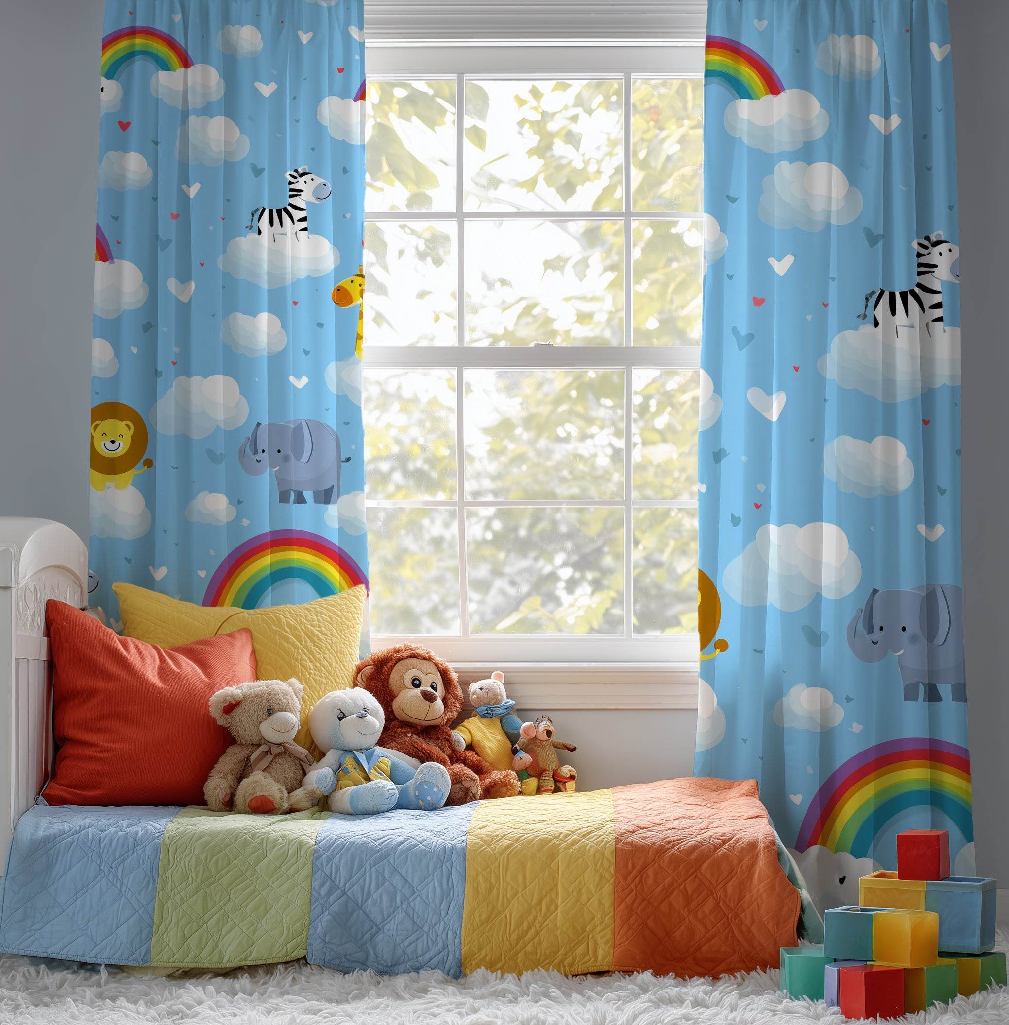 Whimsical Jungle Animal Window Curtain, Kids Room Decor, Nursery Window Treatment, Playful Rainbow Design, Fun Home Accessory - Home Decor -