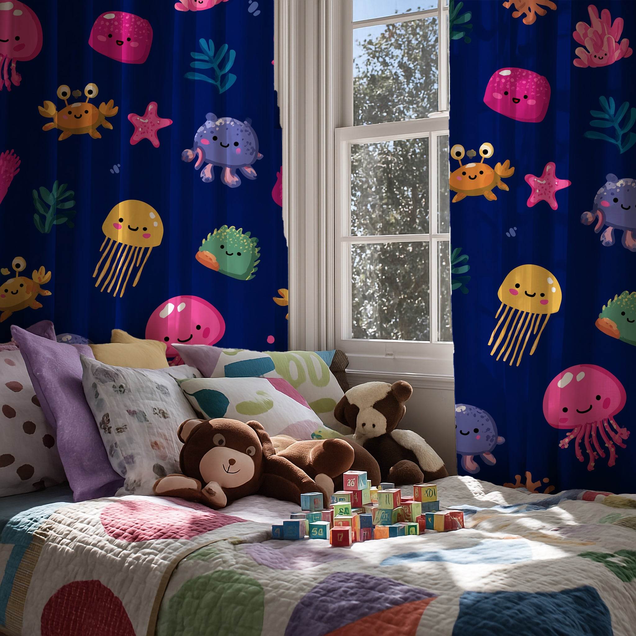 Colorful Ocean Creatures Window Curtain, Kids Room Decor, Nautical Theme Curtain, Jellyfish Design, Playful Home Accent, Underwater Vibe - Home Decor -