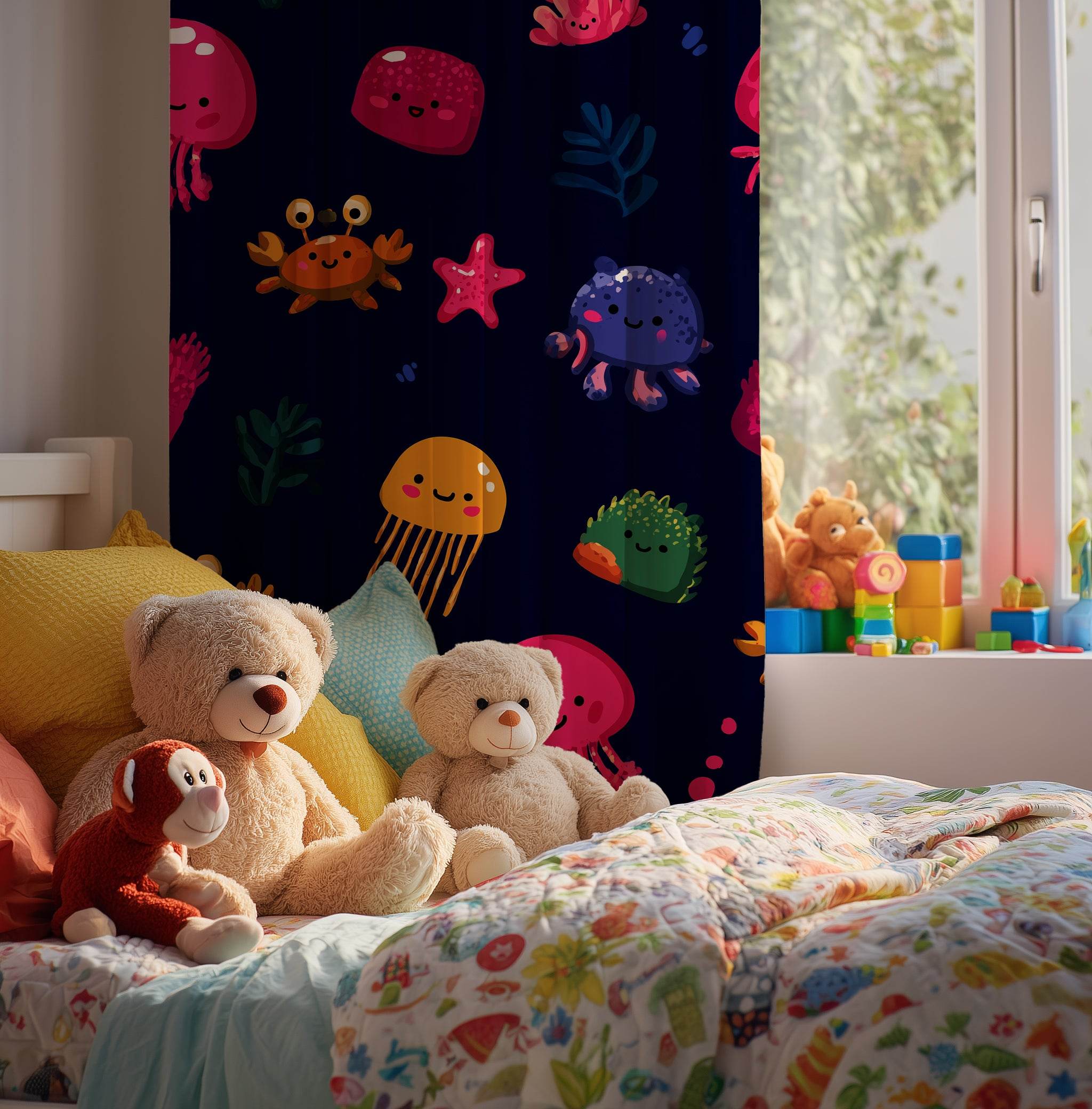 Colorful Ocean Creatures Window Curtain, Kids Room Decor, Nautical Theme Curtain, Jellyfish Design, Playful Home Accent, Underwater Vibe - Home Decor -