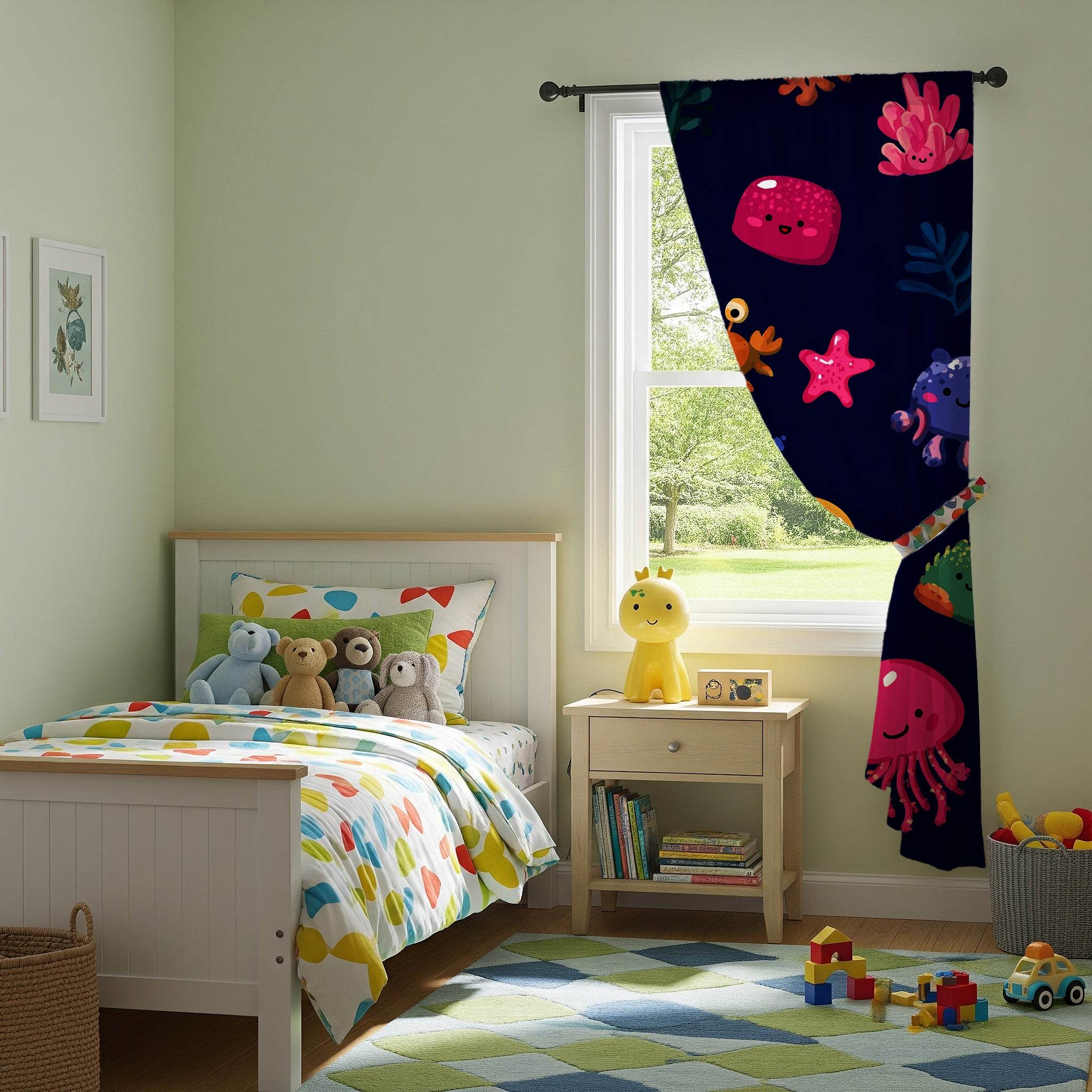 Colorful Ocean Creatures Window Curtain, Kids Room Decor, Nautical Theme Curtain, Jellyfish Design, Playful Home Accent, Underwater Vibe - Home Decor -