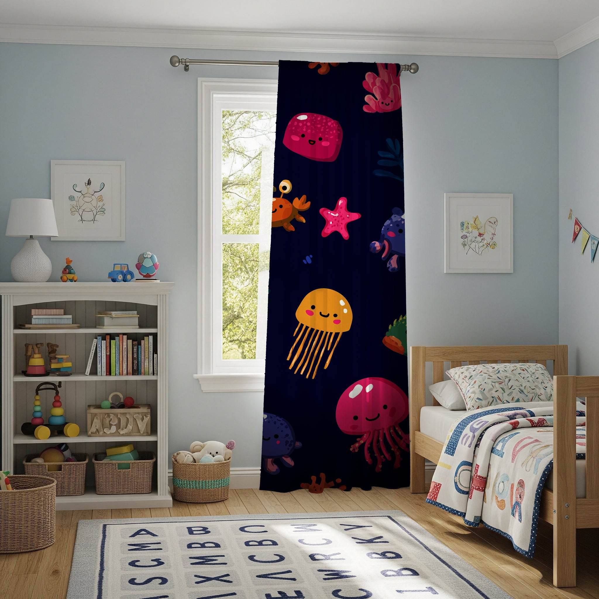 Colorful Ocean Creatures Window Curtain, Kids Room Decor, Nautical Theme Curtain, Jellyfish Design, Playful Home Accent, Underwater Vibe - Home Decor -
