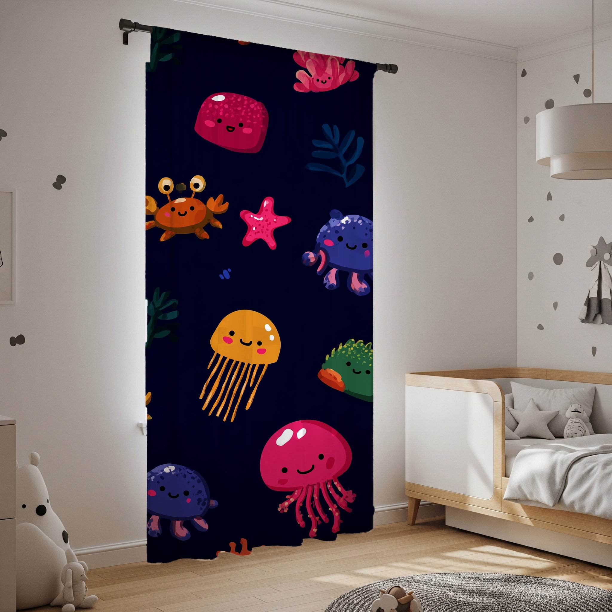 Colorful Ocean Creatures Window Curtain, Kids Room Decor, Nautical Theme Curtain, Jellyfish Design, Playful Home Accent, Underwater Vibe - Home Decor -