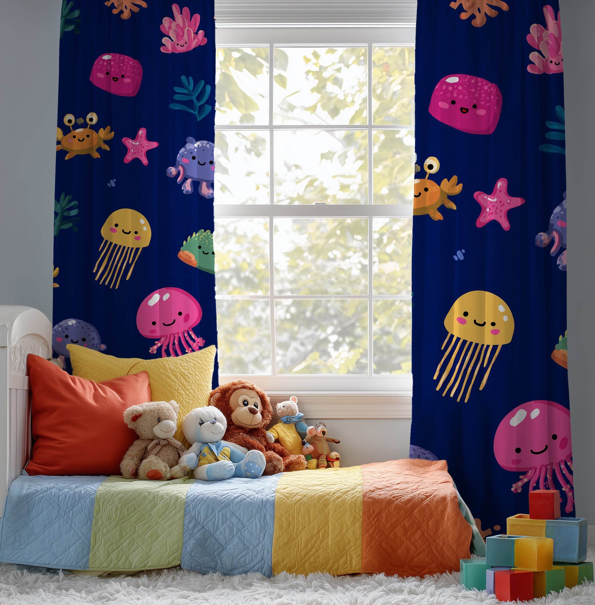 Colorful Ocean Creatures Window Curtain, Kids Room Decor, Nautical Theme Curtain, Jellyfish Design, Playful Home Accent, Underwater Vibe - Home Decor -
